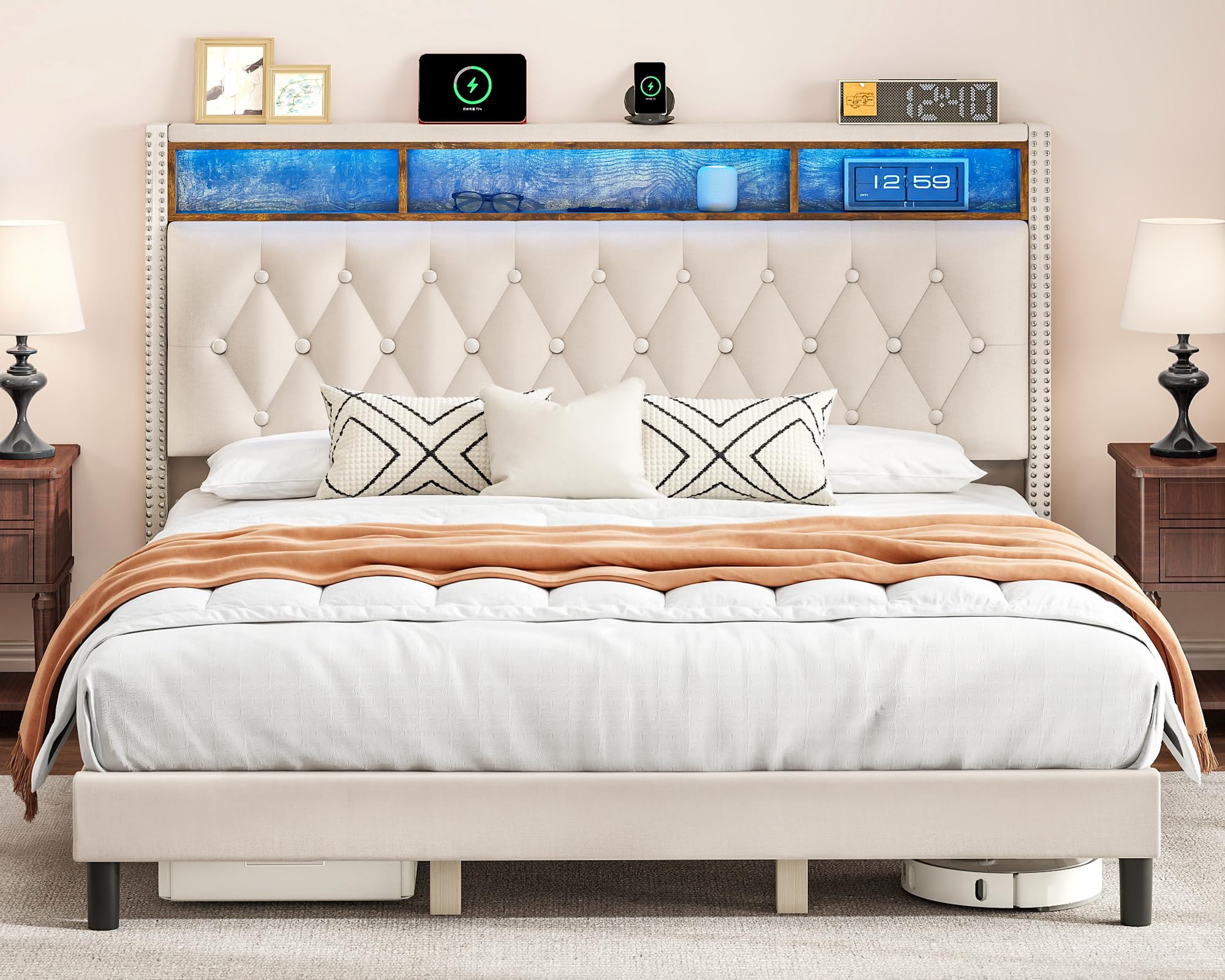 Bed Frame with Upholstered Headboard, Platform Bed Frame with LED Lights