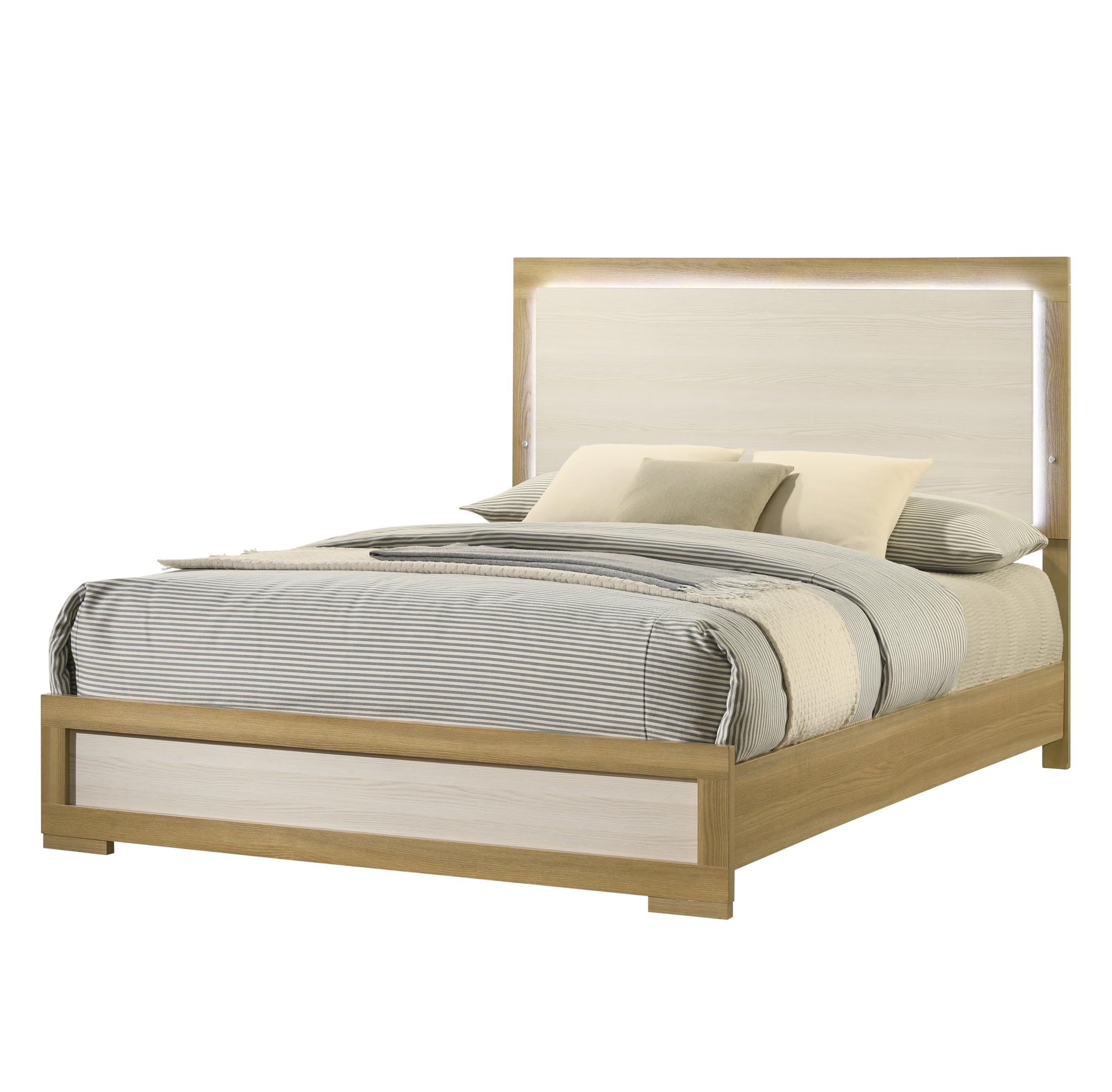 6-Piece Queen Size Natural/White Bedroom Set - Bed with LED Lights