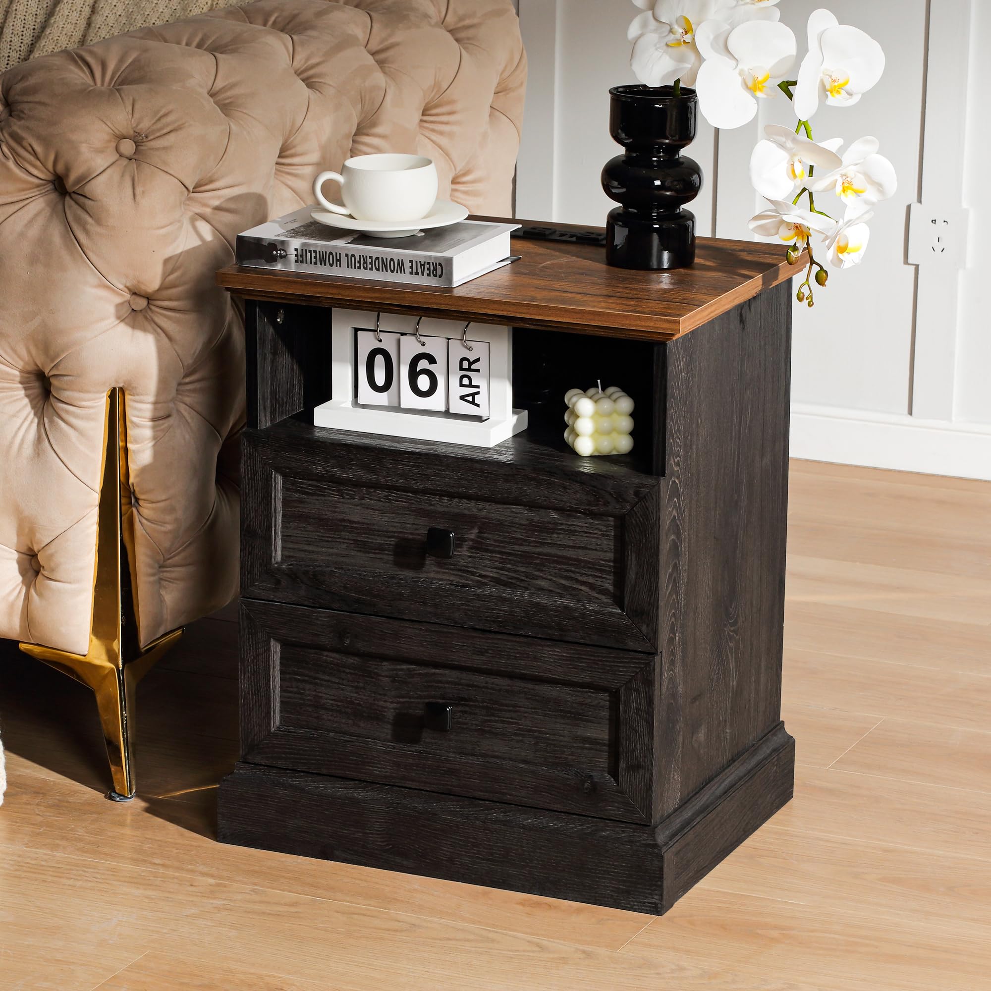 Night Stand Set of 2 with Charging Station, Bedside Table with 2 Drawers Storage