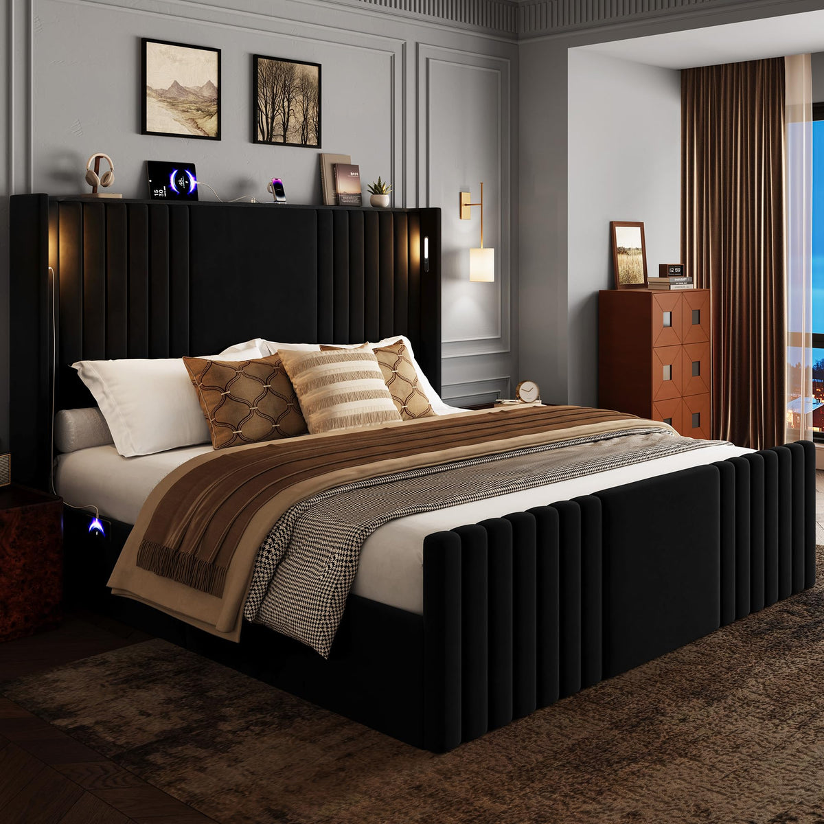55" Tall Wingback Platform Bed Frame with Reading Lights & Storage
