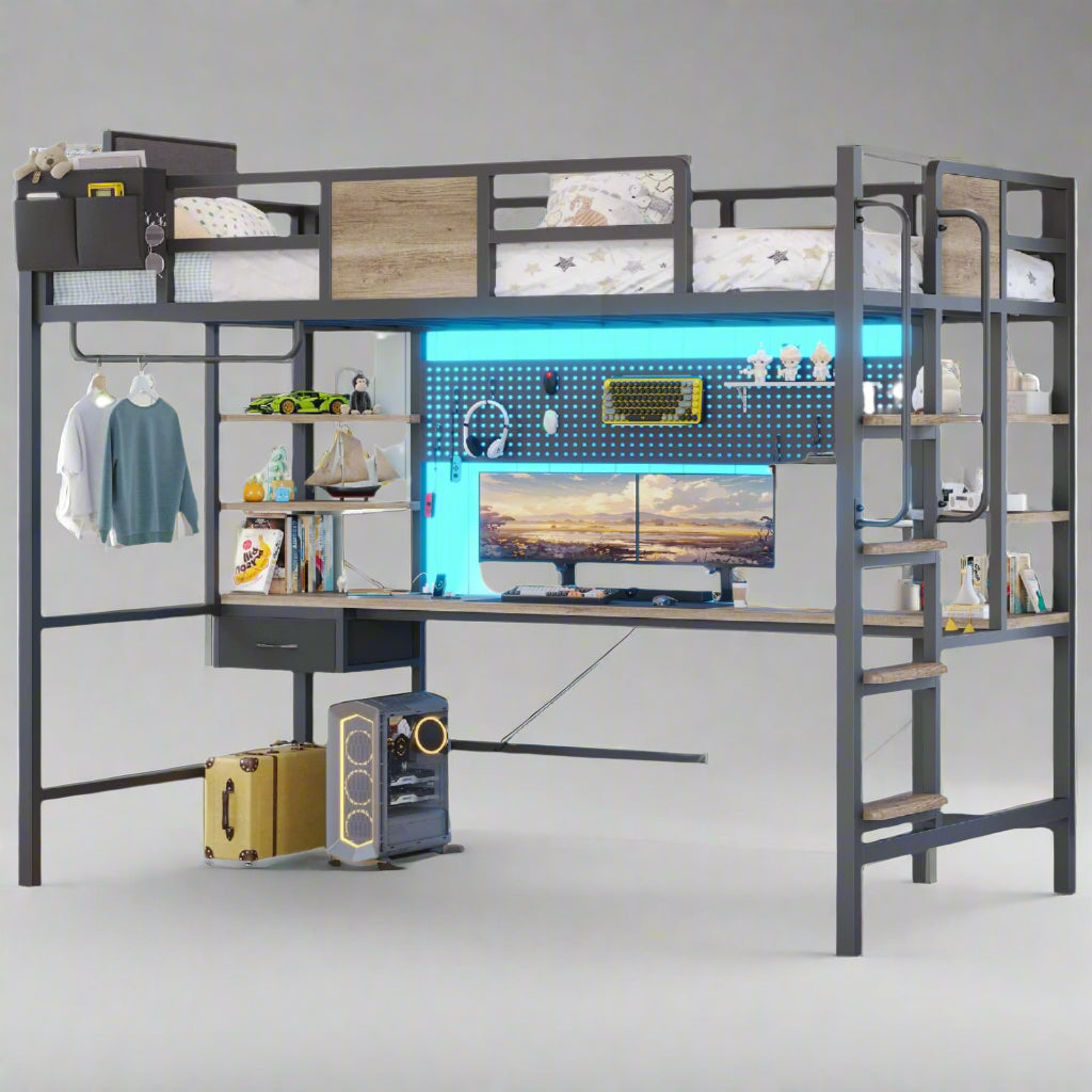 Loft Bed Twin Size, Bunk Bed with Desk Underneath,Loft Bed with Stairs