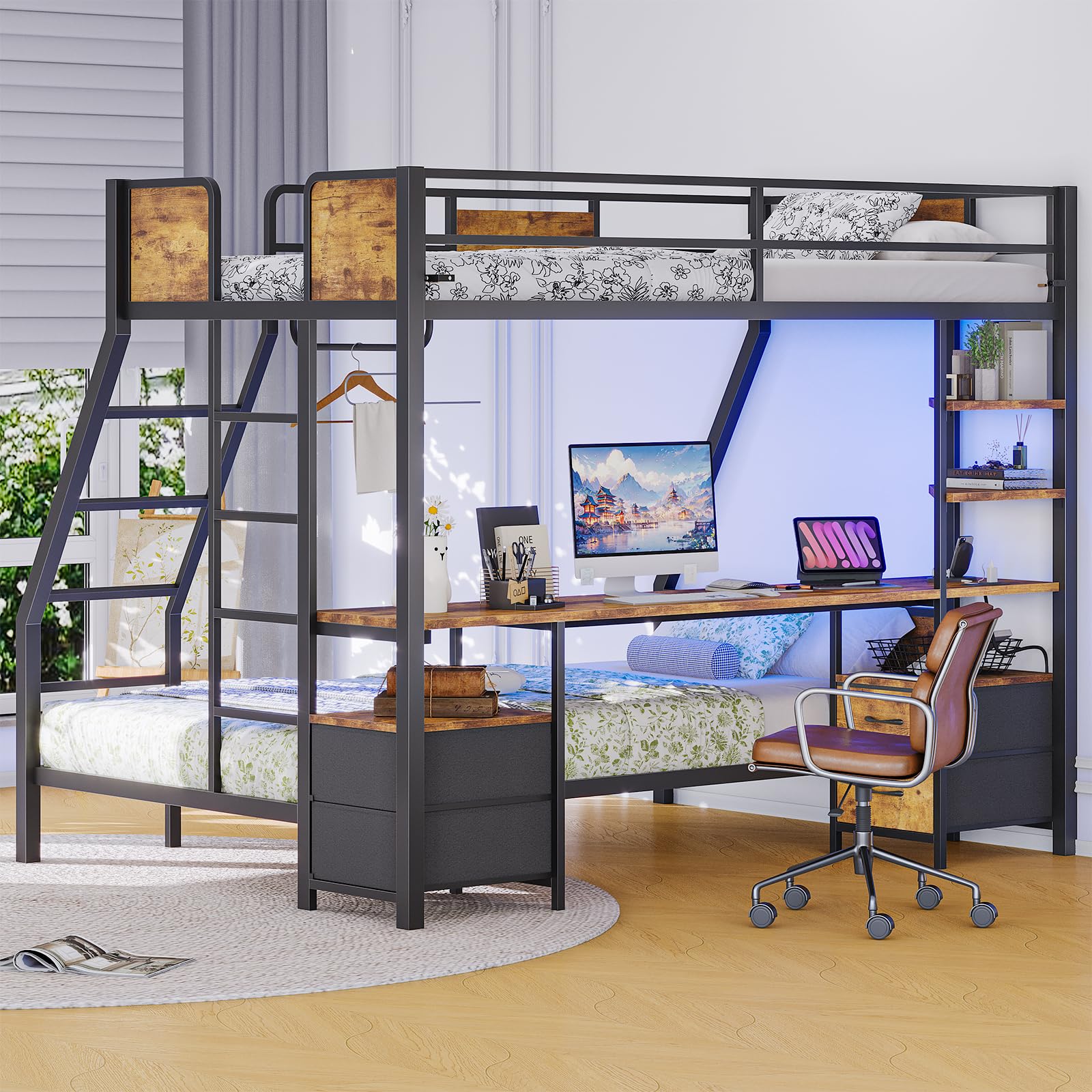 Bed Twin Over Twin,Bunk beds with 4 Fabric Drawers