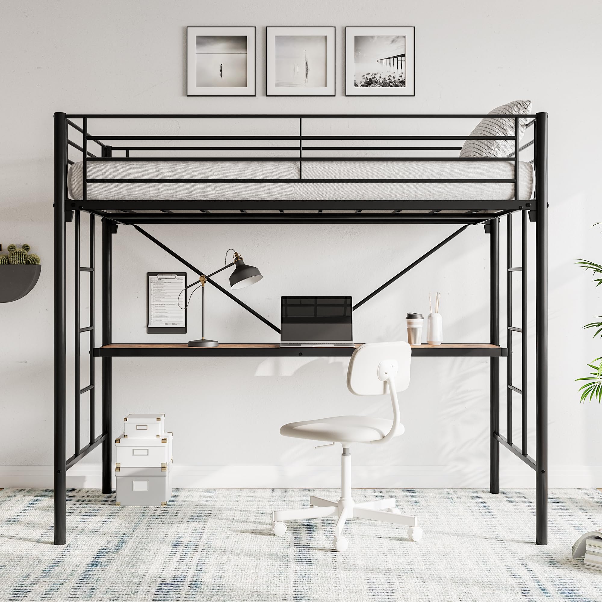 Metal Loft Bed with Desk & 2 Built-in Ladders,Safety Guard Rail