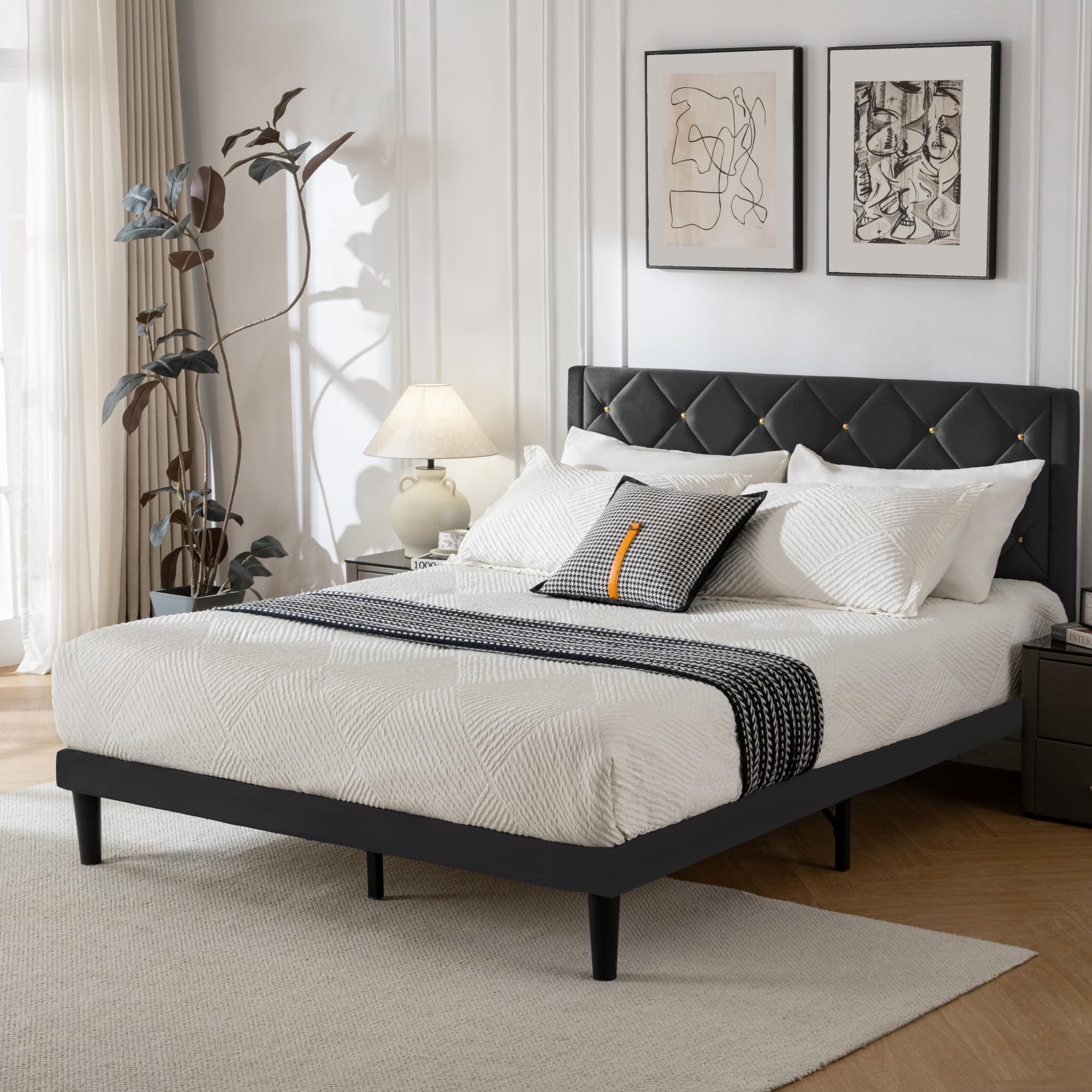 Full Size Platform Bed Frame with Velvet Upholstered Headboard