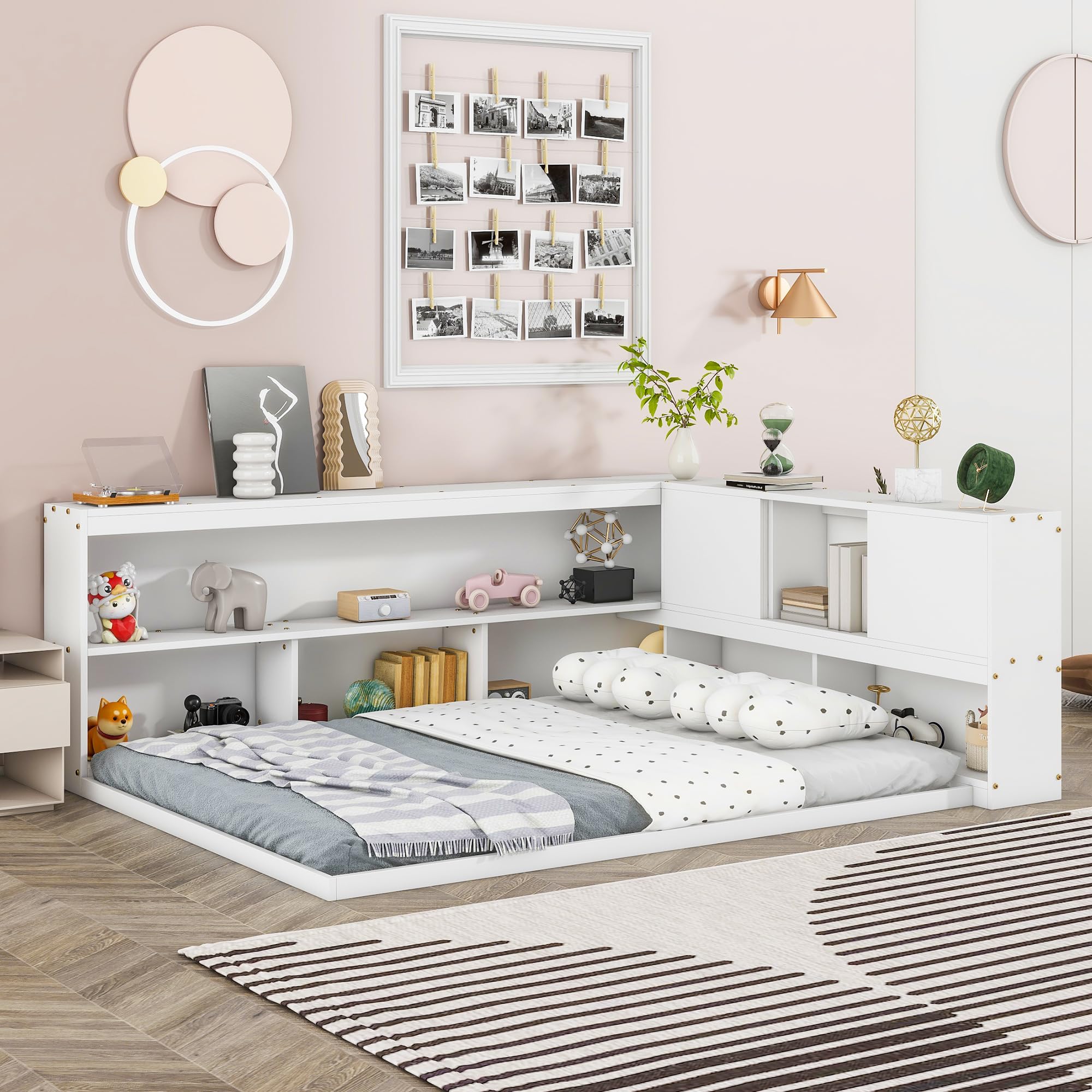 Bed with L-shaped Bookcases, Sliding Doors without Slats