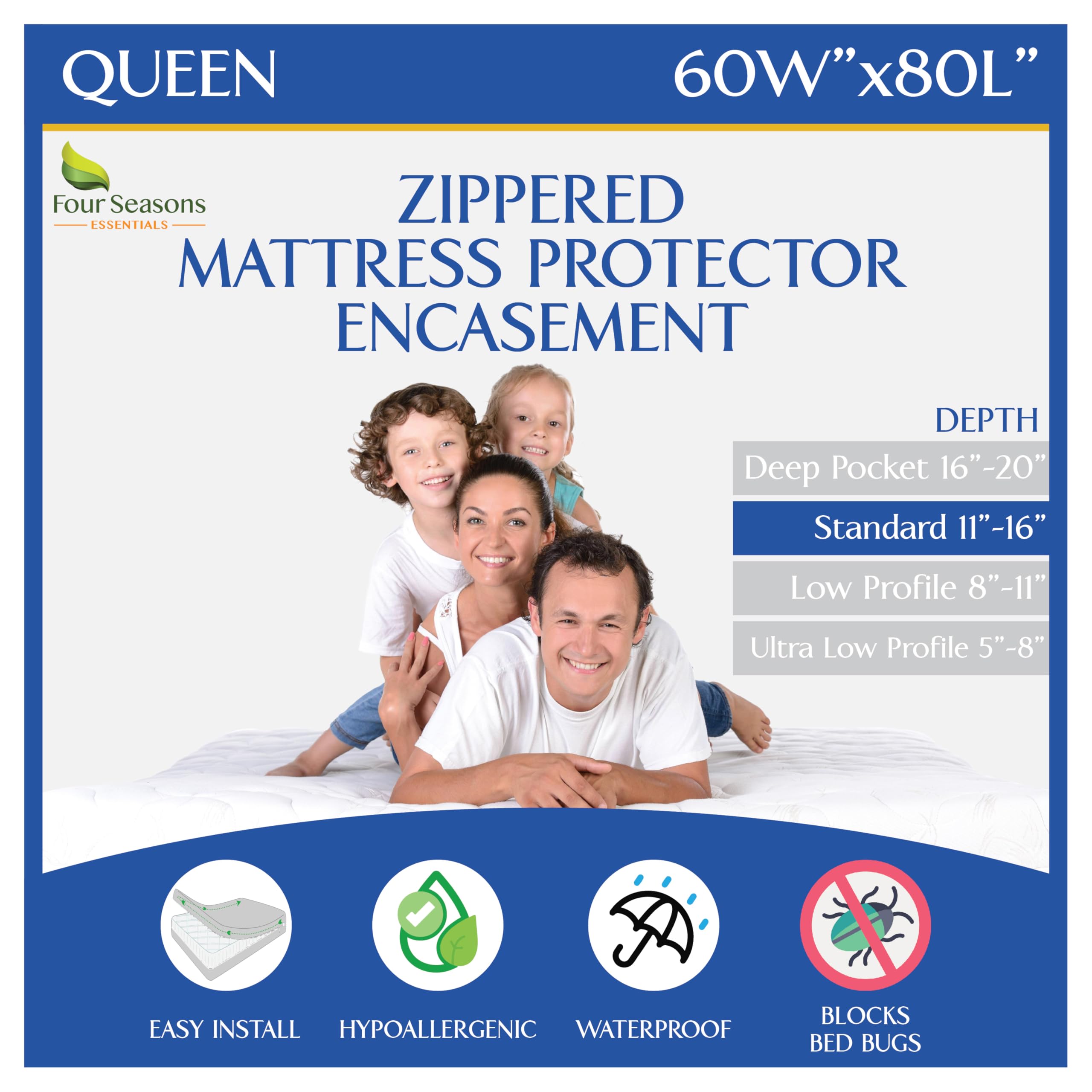 Queen Mattress Protector - Zippered Bedbug Waterproof Mattress Cover, Premium