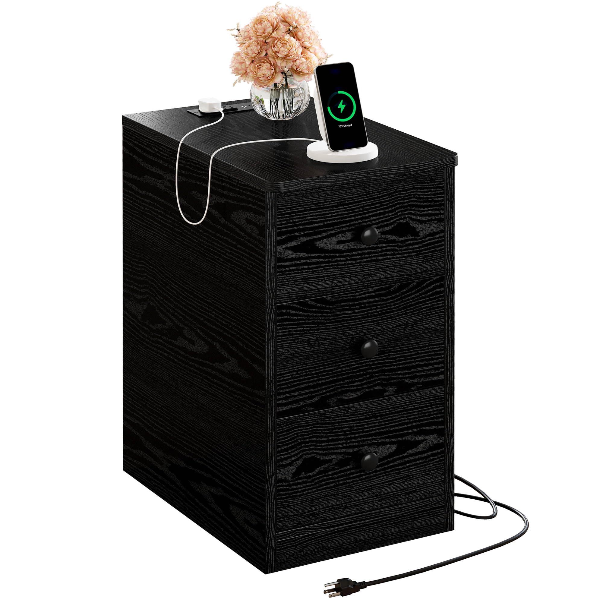 Nightstand with Charging Station, Narrow Bedside Table with 3 Drawers