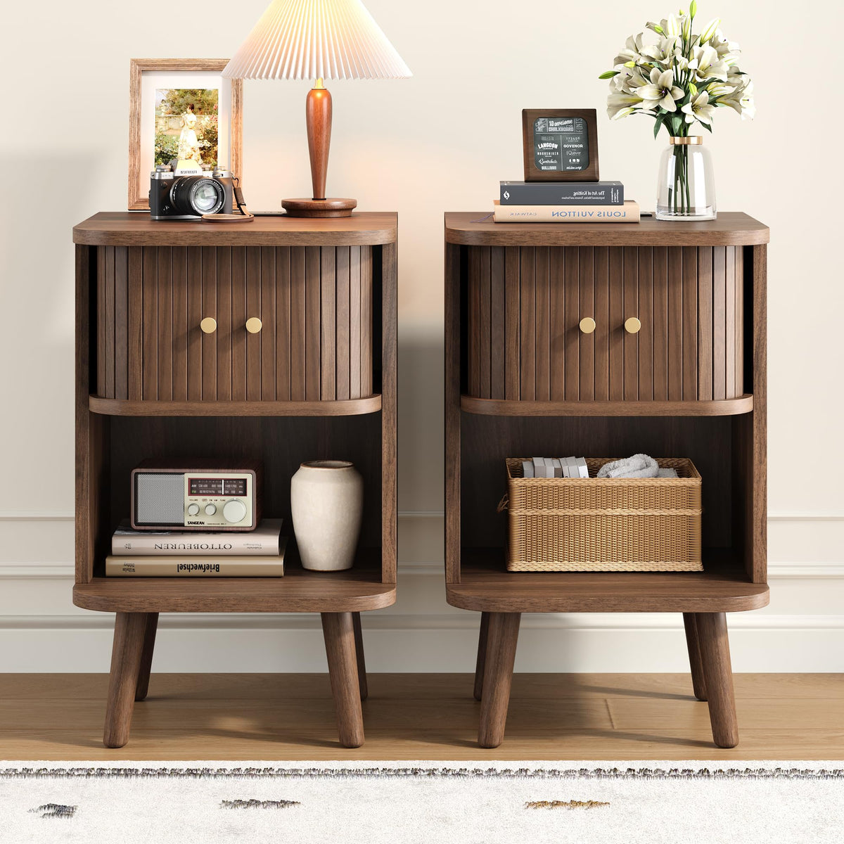 Fluted Nightstand with Charging Station & Sliding Door