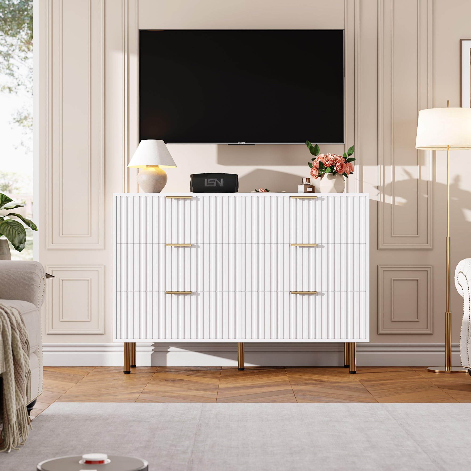 Bedroom Dresser Sets, 6 Drawer Dresser for Bedroom, Fluted Dressers