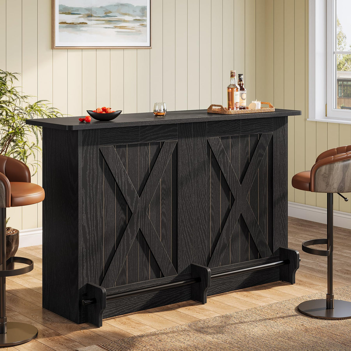 63" Bar Cabinet with 2-Tier Storage and Footrest