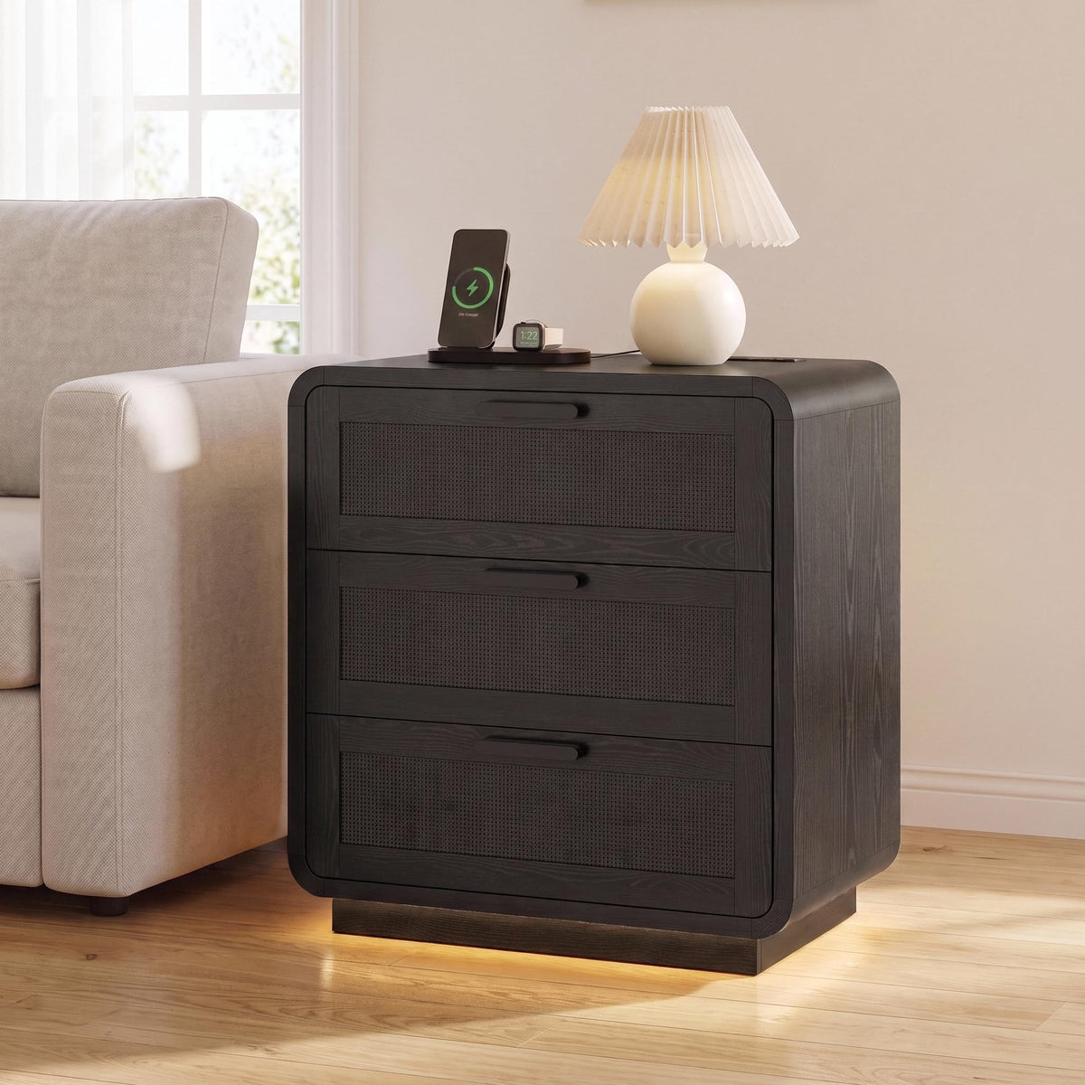 Nightstand with Charging Station, LED Lights & 3 Drawers