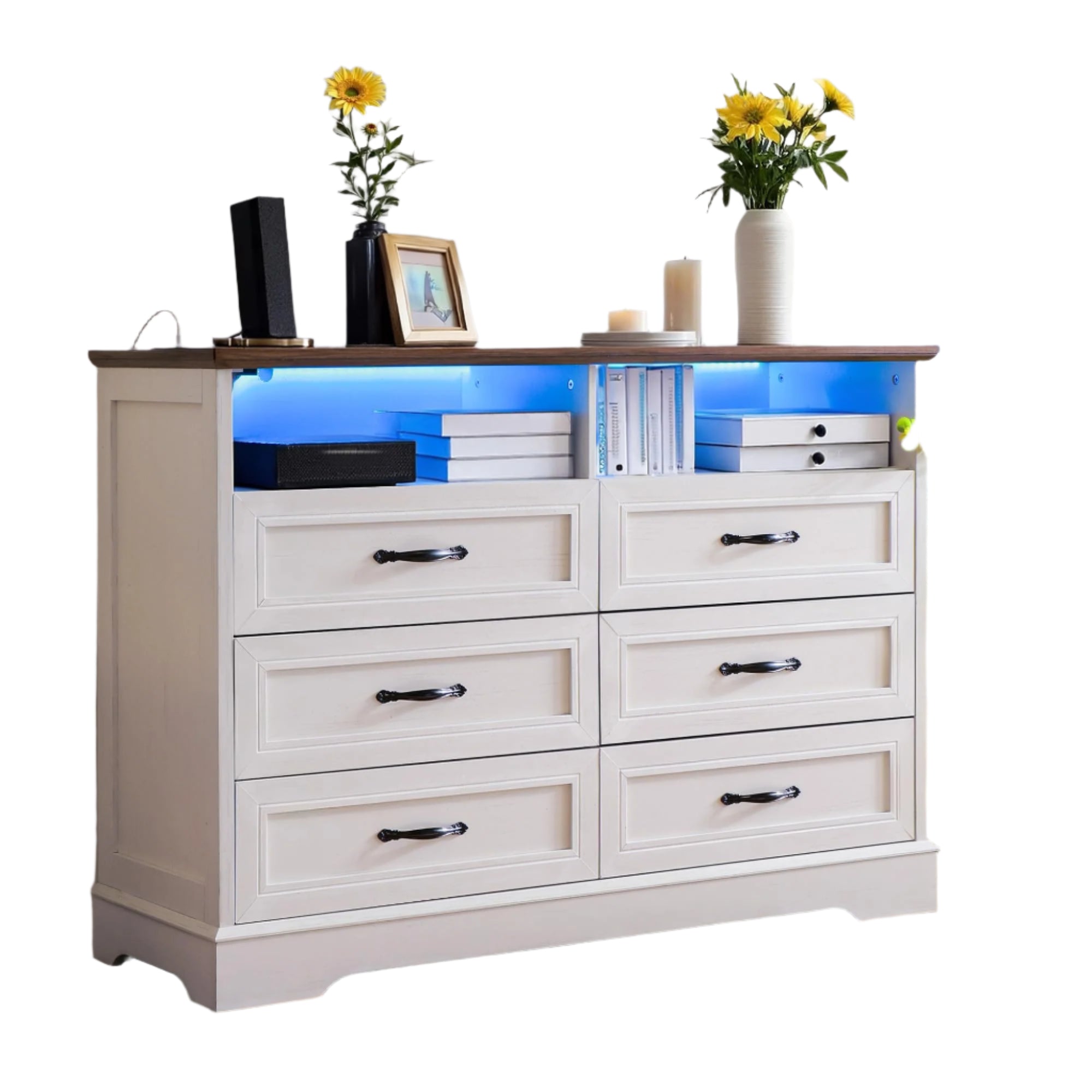White Dresser for Bedroom,6 Drawers Dresser with LED Light
