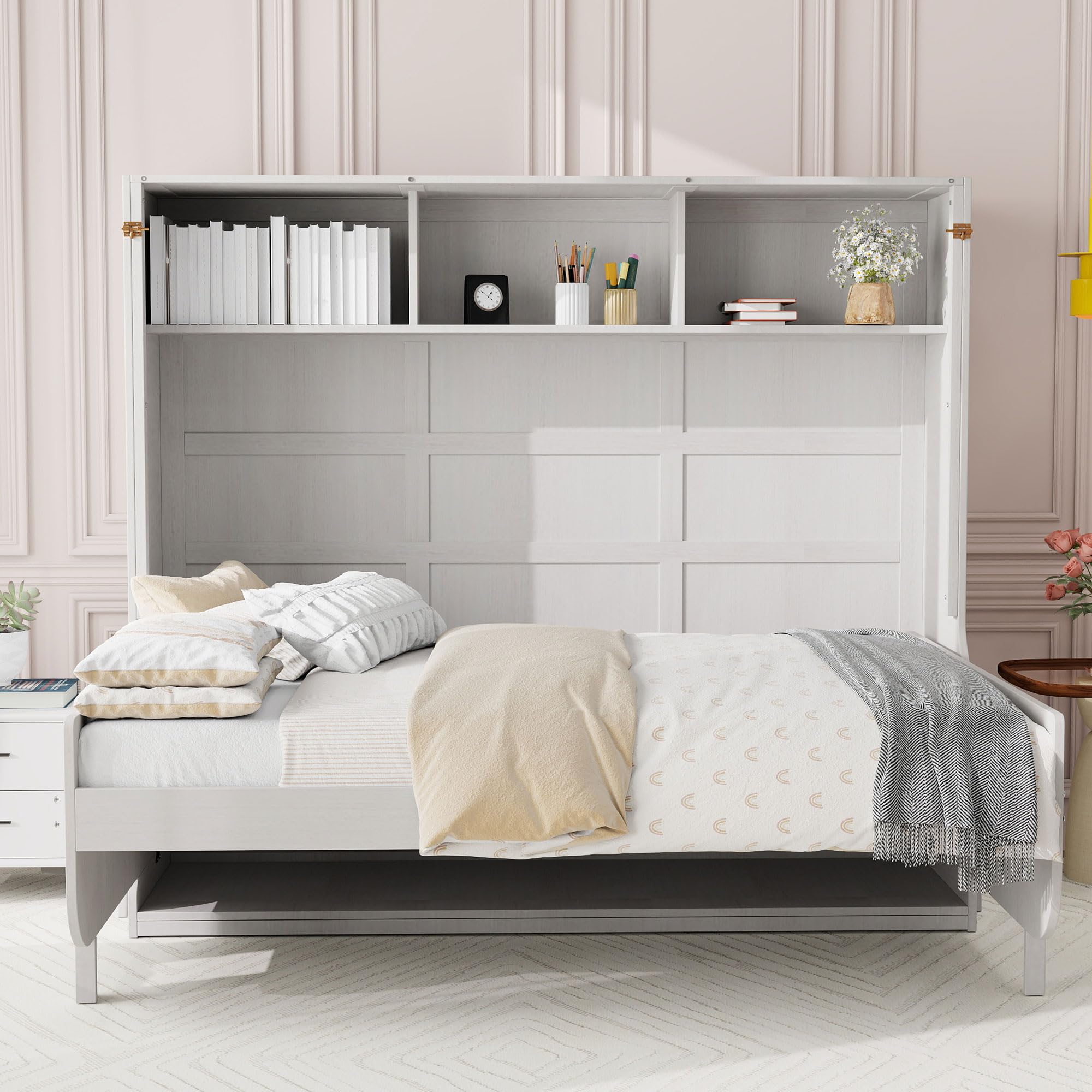 Murphy Bed with Desk, Horizontal Wall Bed with Storage Shelves