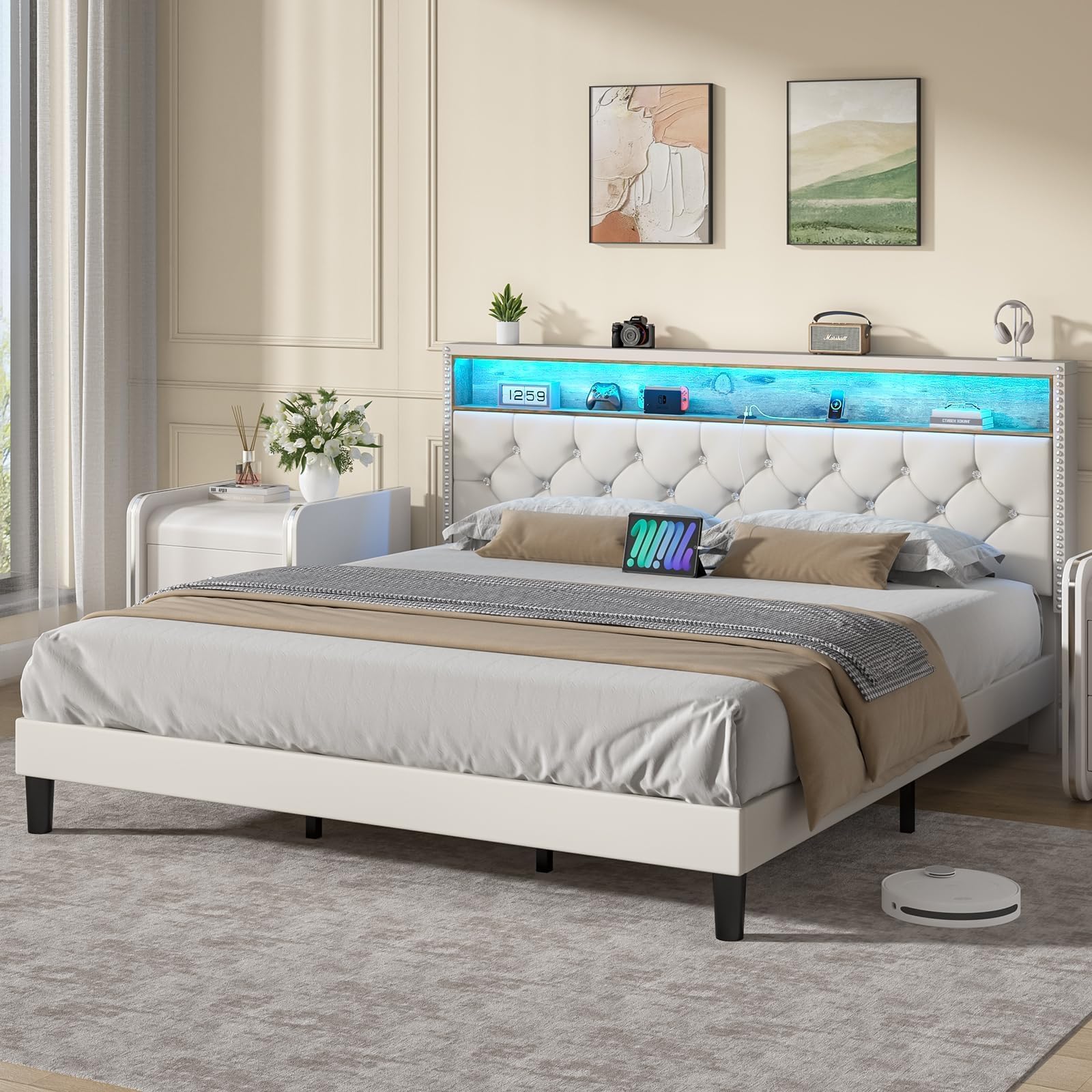 King Bed Frame with LED Lights, Velvet Upholstered Platform Bed