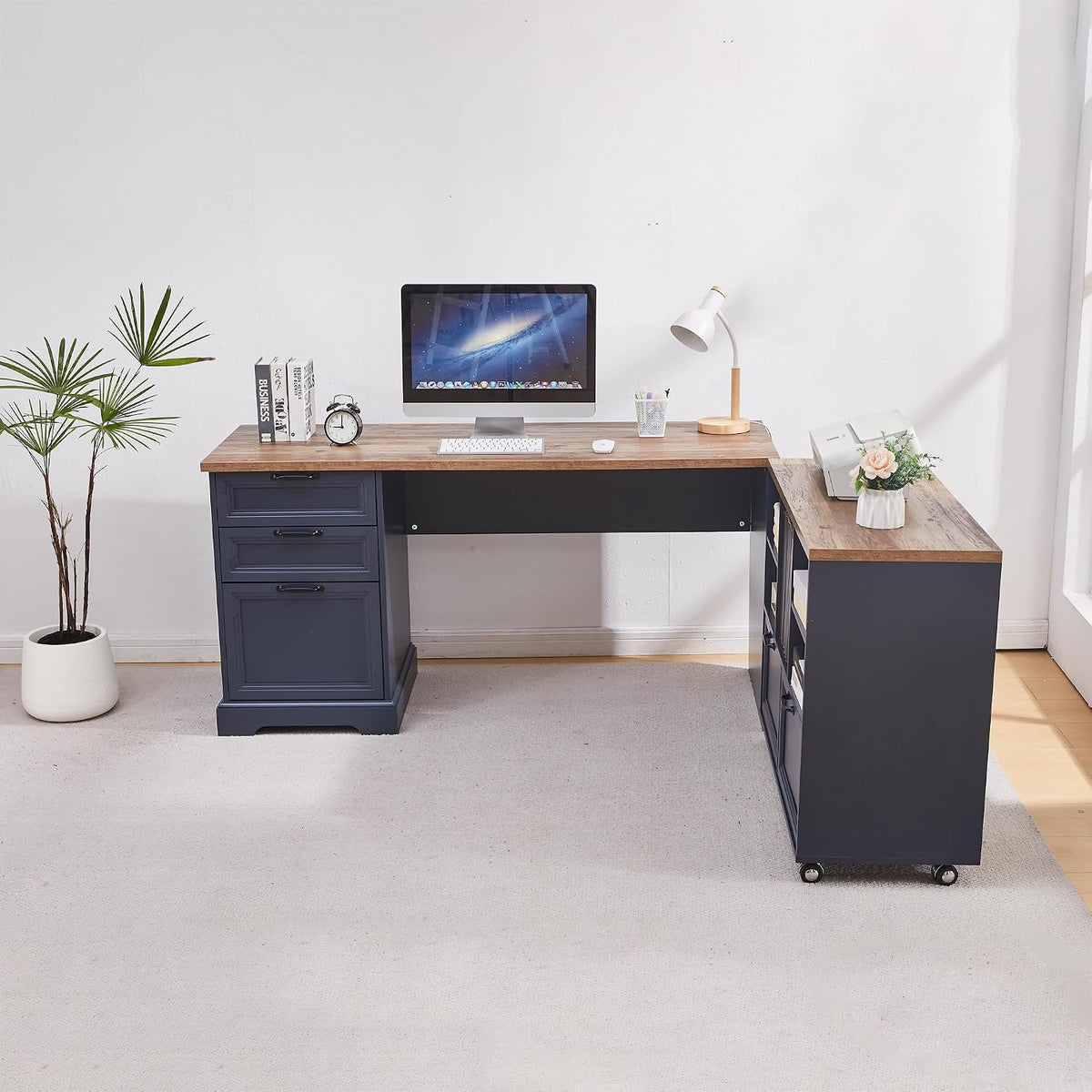 L-Shaped Executive Desk with File Cabinet & Charging Station