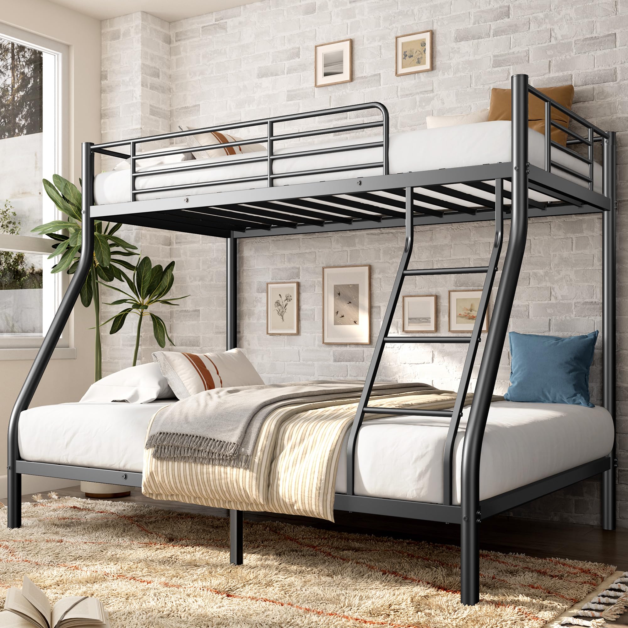 Bunk Beds Twin Over Full Size, Heavy Duty Metal Bunk Bed Frame with Angle