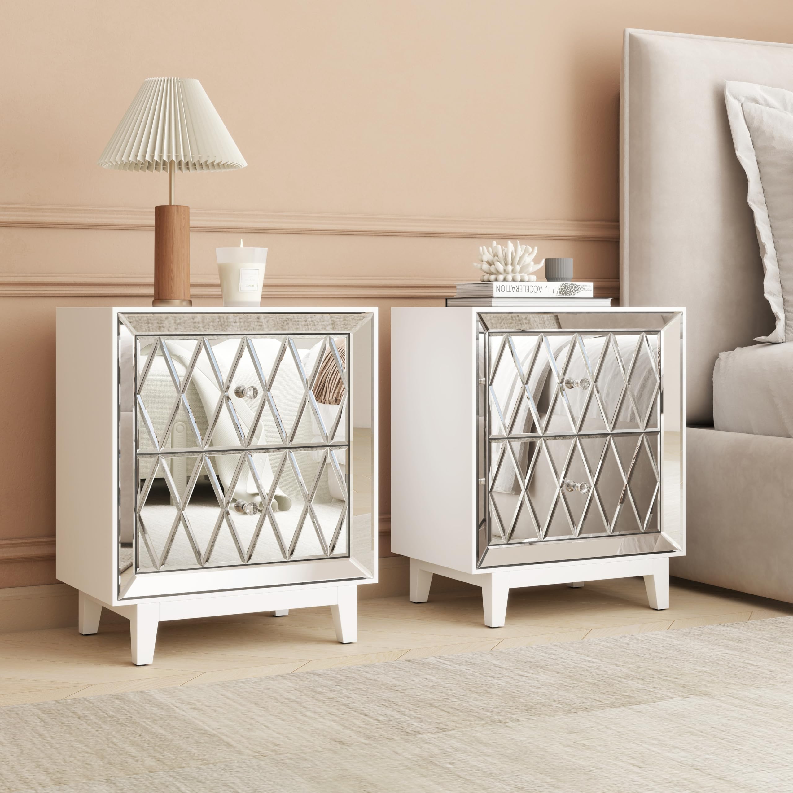 Mirrored Nightstands Set of 2, Modern Bedside Table 2 Drawer Glass Side End Table