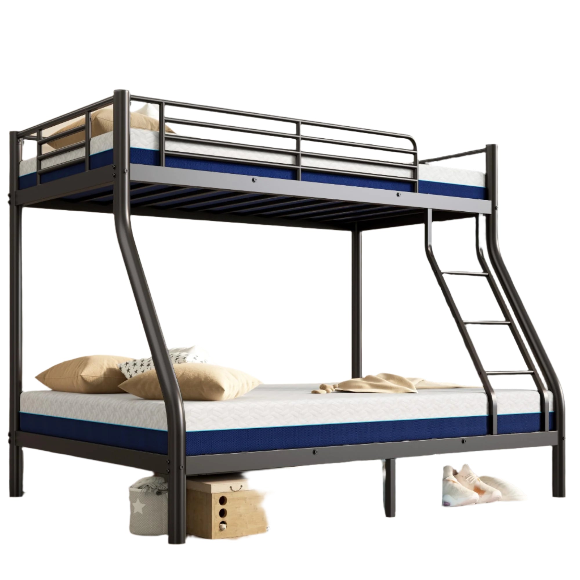 Twin Over Full Bunk Bed with Mattresses, All-in-One Metal Bunk Bed Set for Kids/Adults