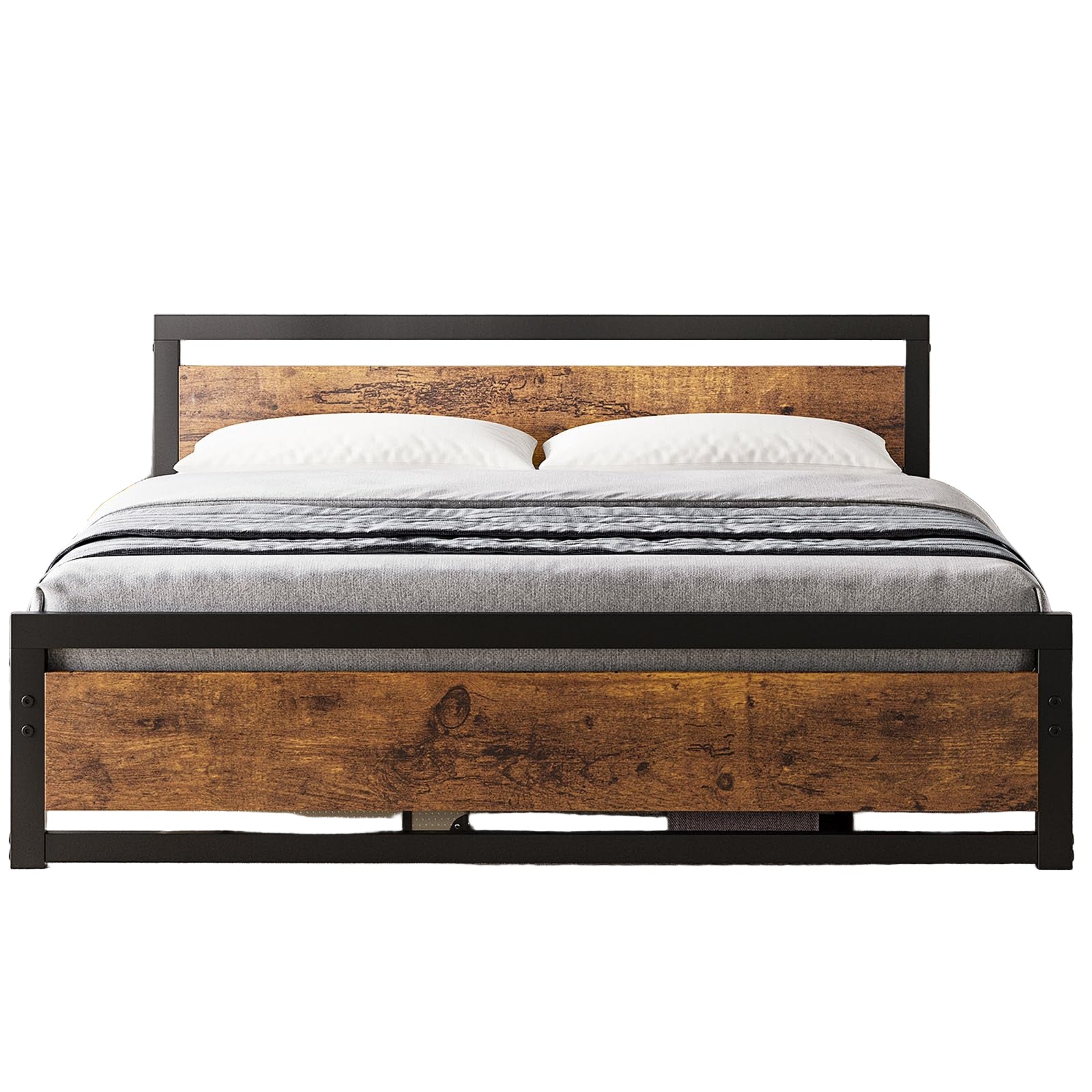King Size Bed Frame, Industrial King Bed Platform with Headboard