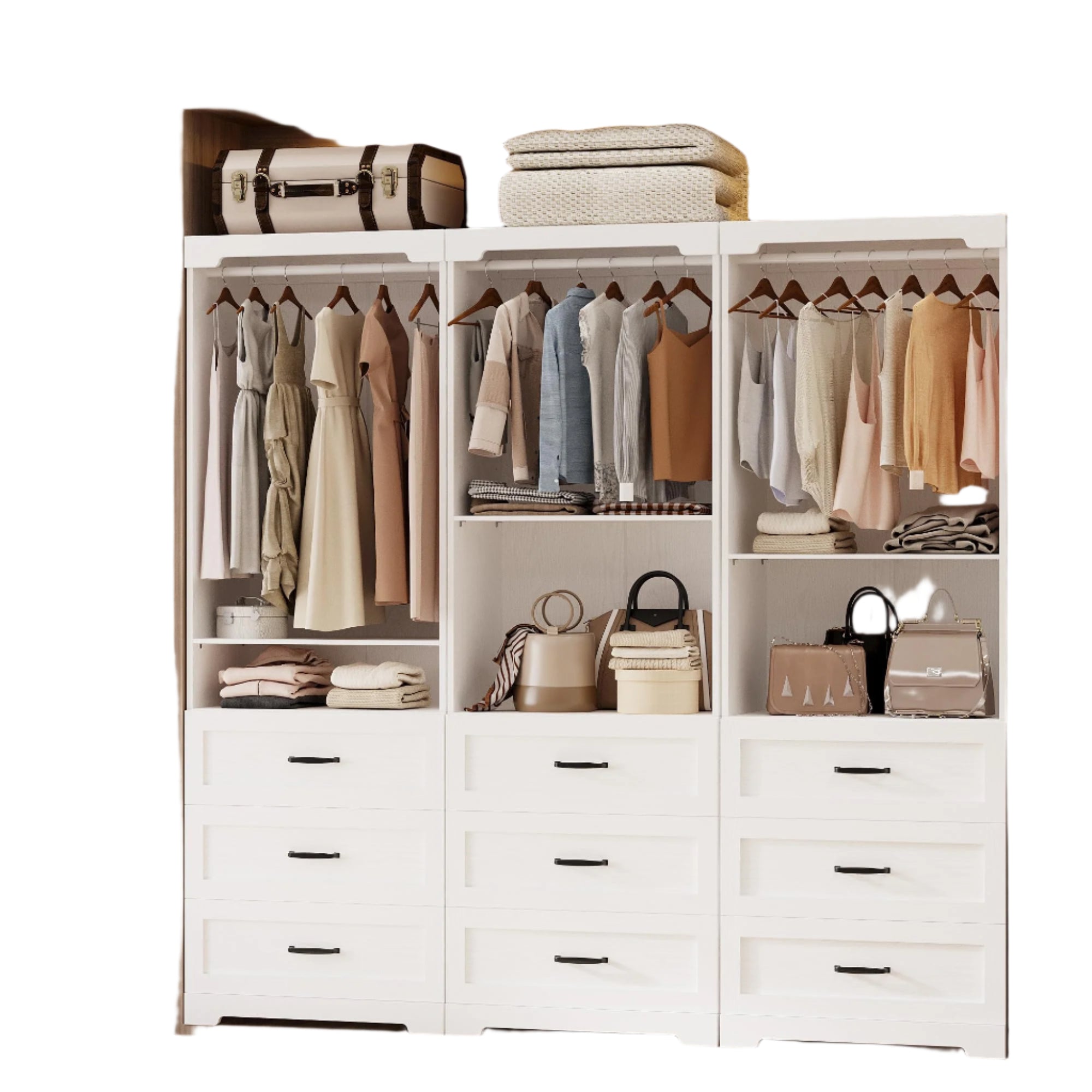 Freestanding Closet System with 3 Wood Drawers, Modern Armoire Wardrobe
