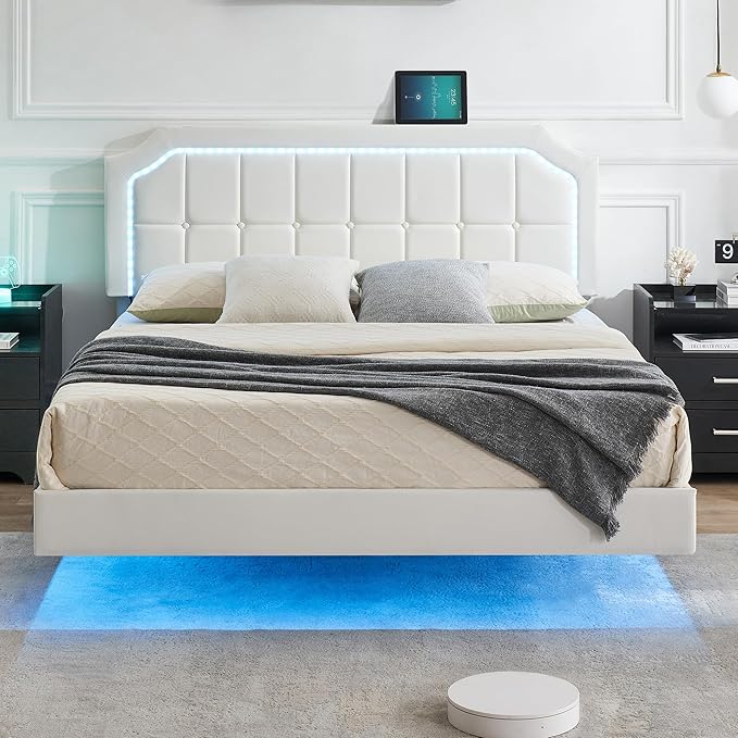 Floating Bed Frame Full Size with RGB Led Lights, Upholstered Platform Full Bed