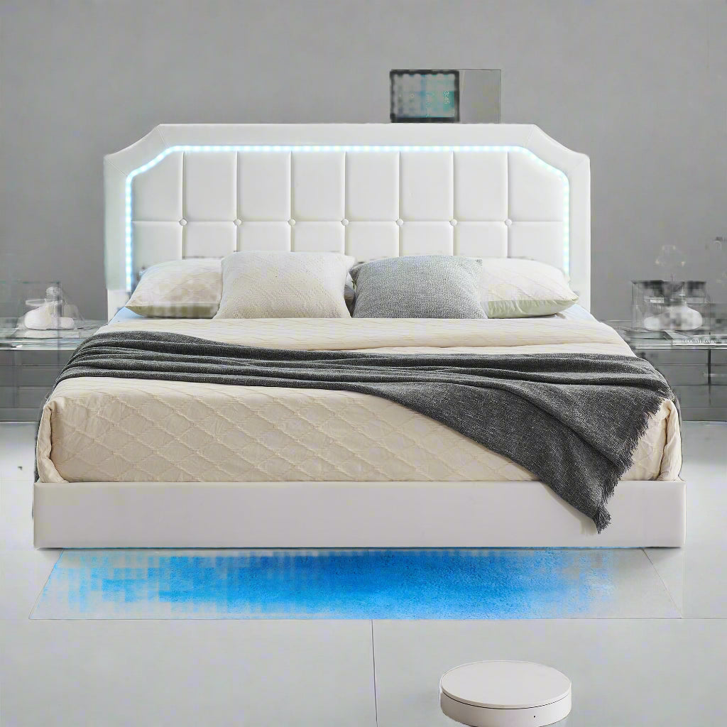 Floating Bed Frame Full Size with RGB Led Lights, Upholstered Platform Full Bed