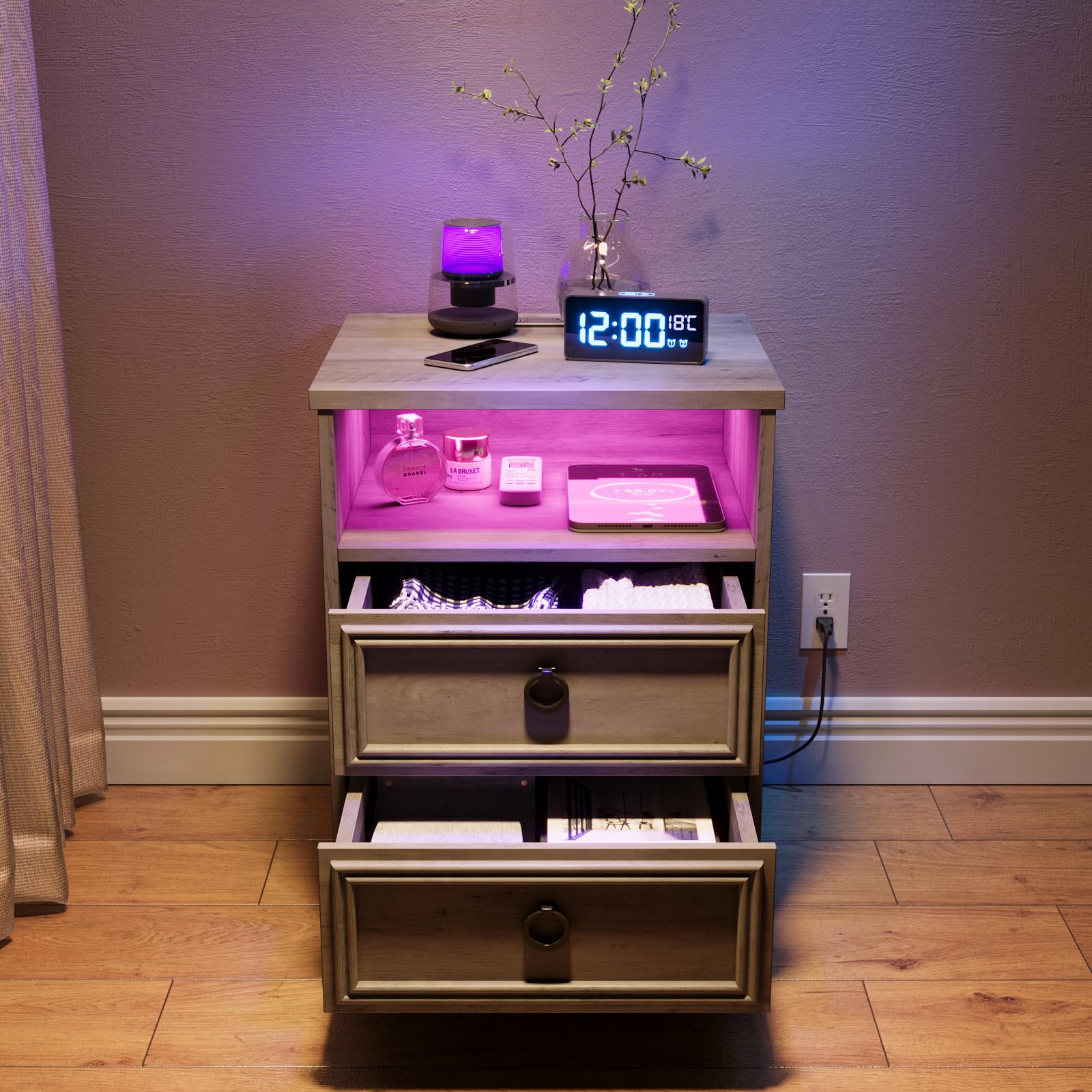 Nightstand with Strip Lights,USB Outlets Set of 2, Night Stand with Drawers
