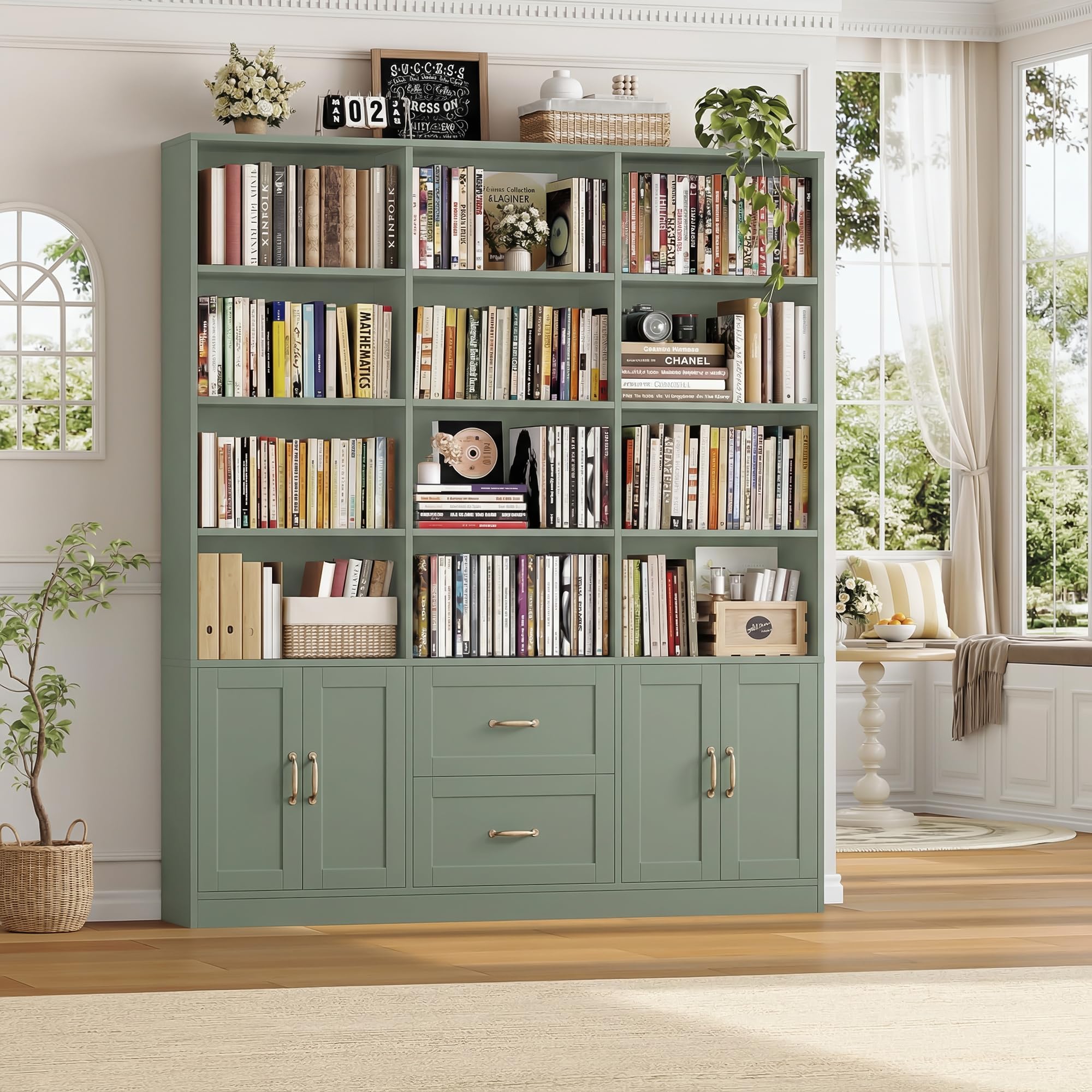71" Tall Triple Wide Bookshelf with Drawers & Doors