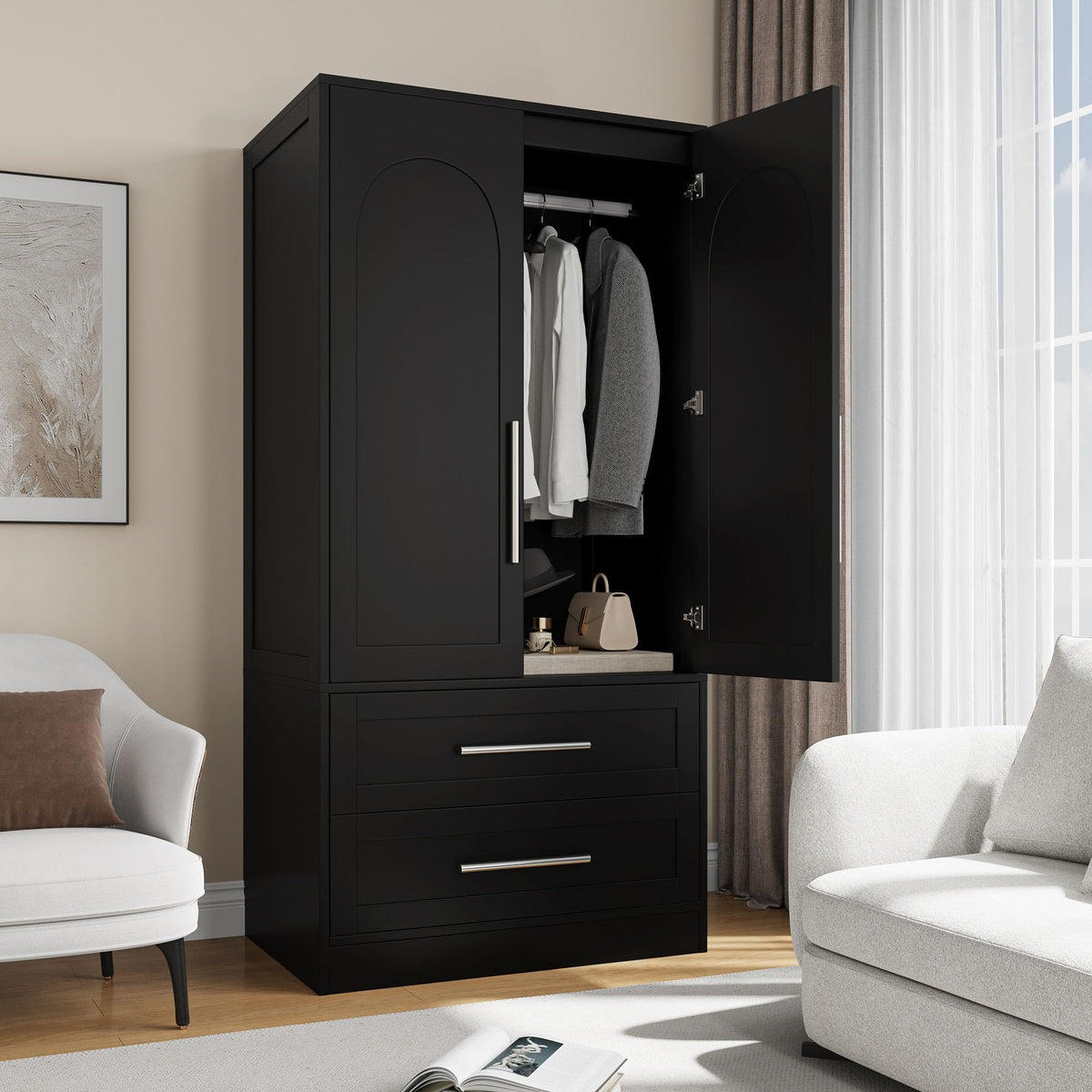 2-Door 2-Drawer Wooden Wardrobe Closet with Shelves