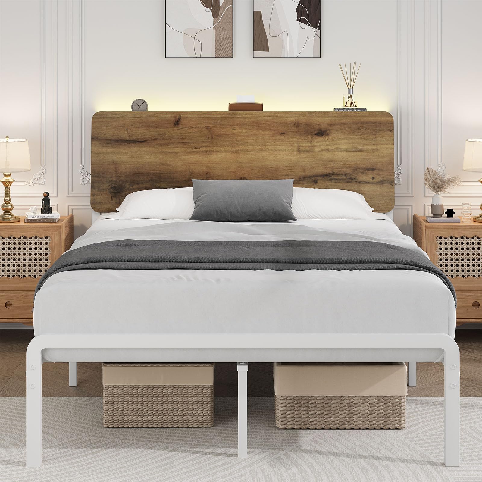 Full Bed Frame with Stoarge Headboard, Full Size LED Bed Frame, Metal Platform Bed Frame