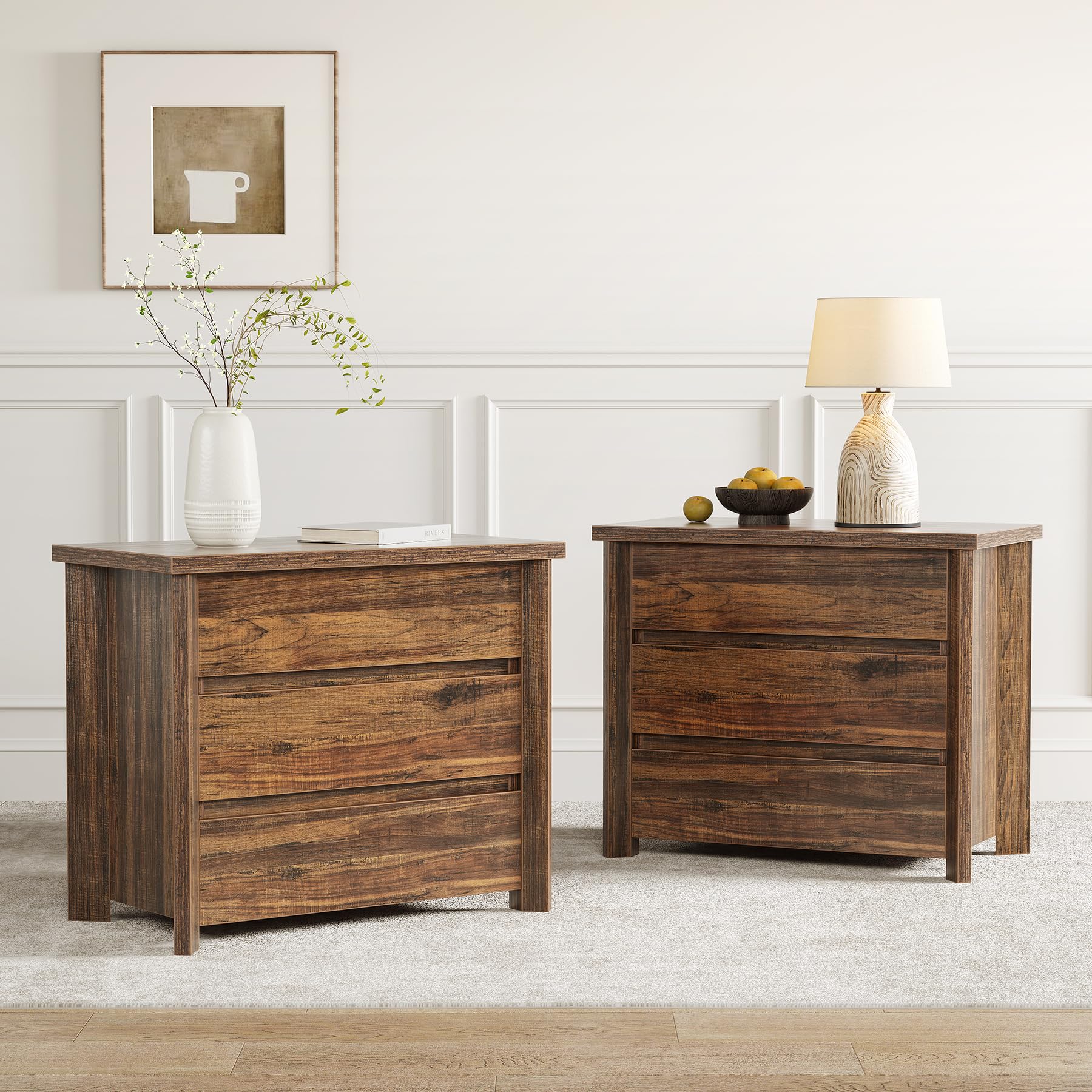 3-Drawer Nightstand Set of 2, Wooden Farmhouse Bedside Table for Bedroom