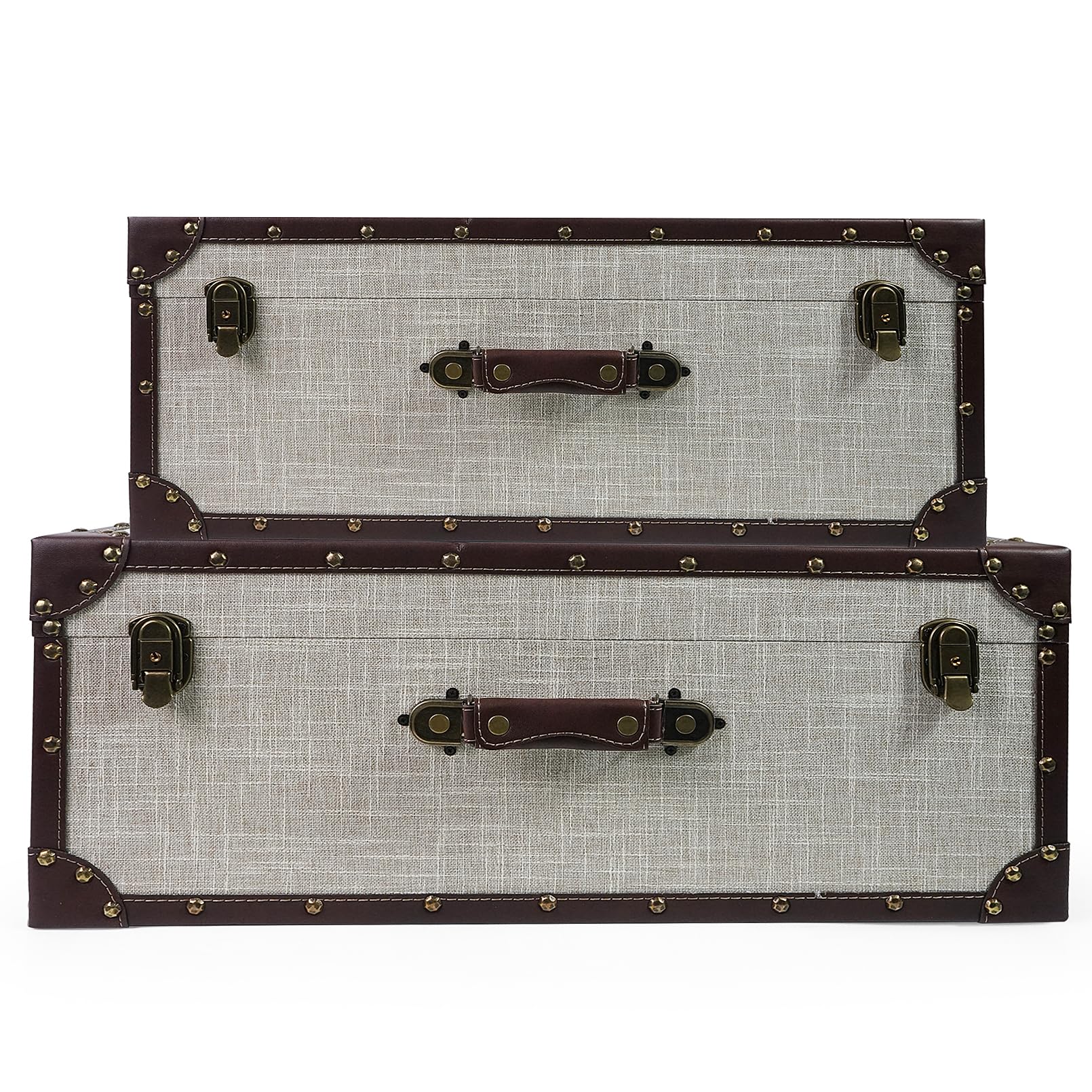 Vintage Wooden Storage Trunk Set of 2 – Decorative Suitcase Chests with Hinged Lids