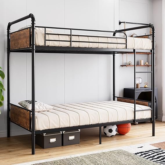 Twin Over Twin Metal Bunk Bed with High Guardrail and Ladder