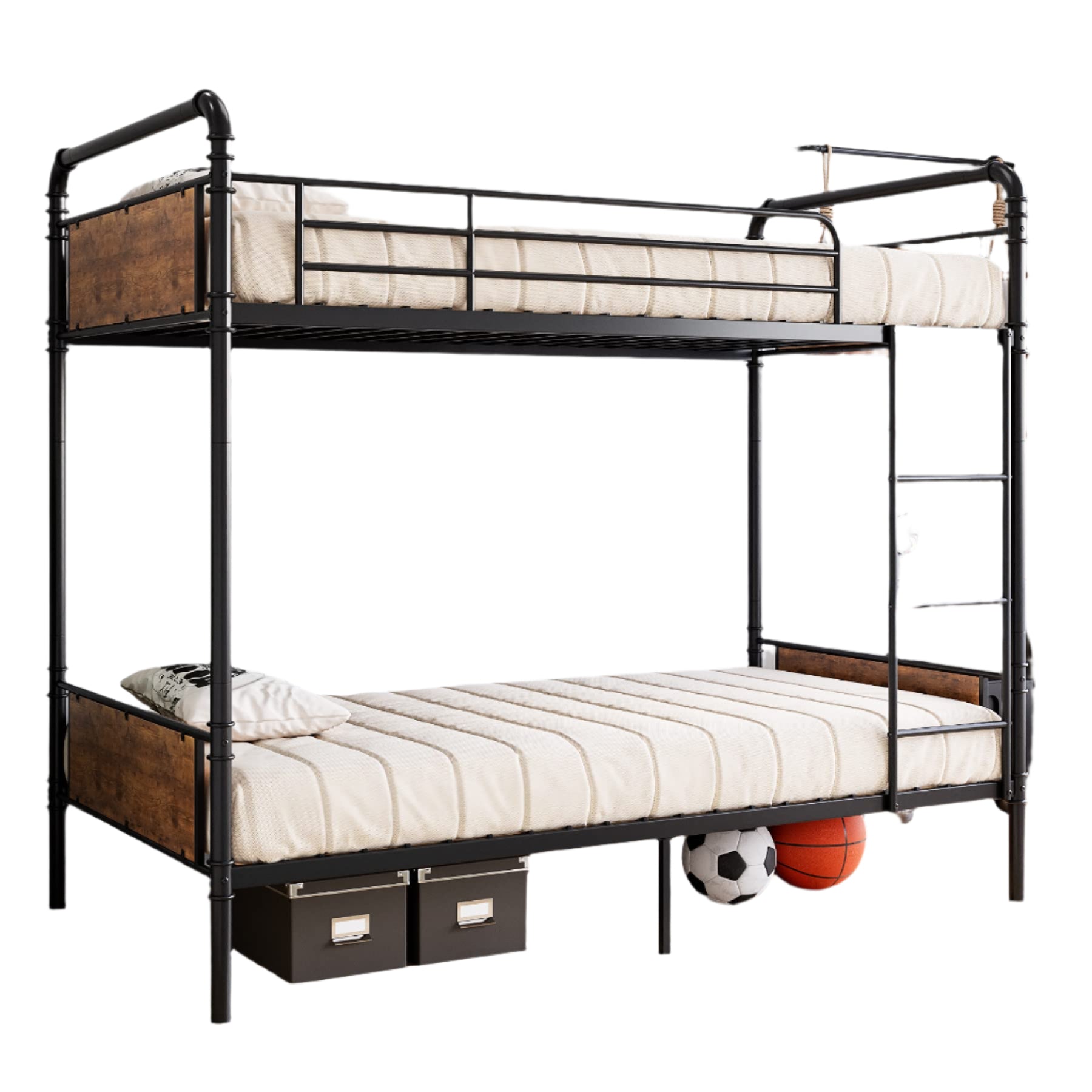 Twin Over Twin Metal Bunk Bed with High Guardrail and Ladder