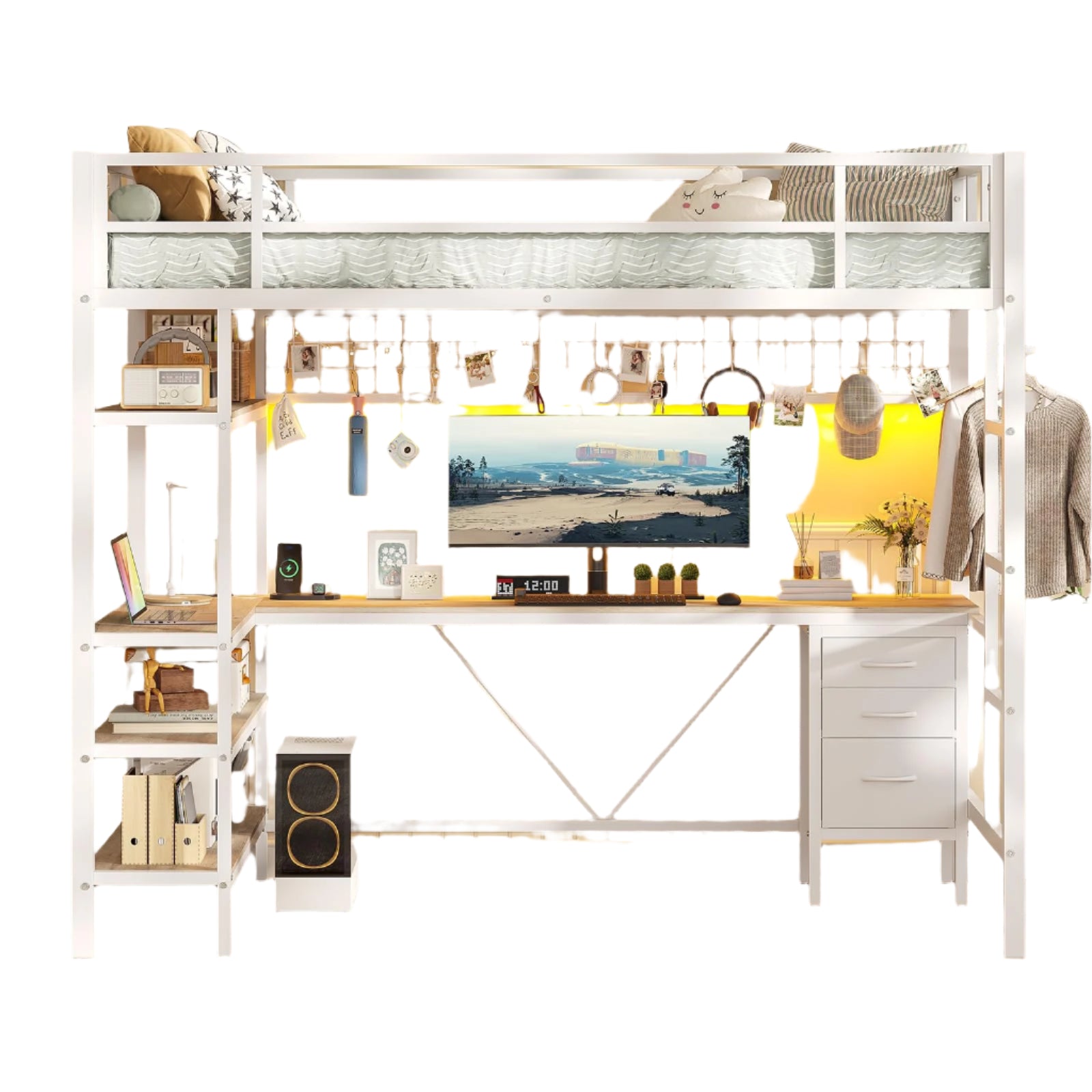Loft Bed Twin Size with L-Shaped Desk, Charging Station and LED Lights