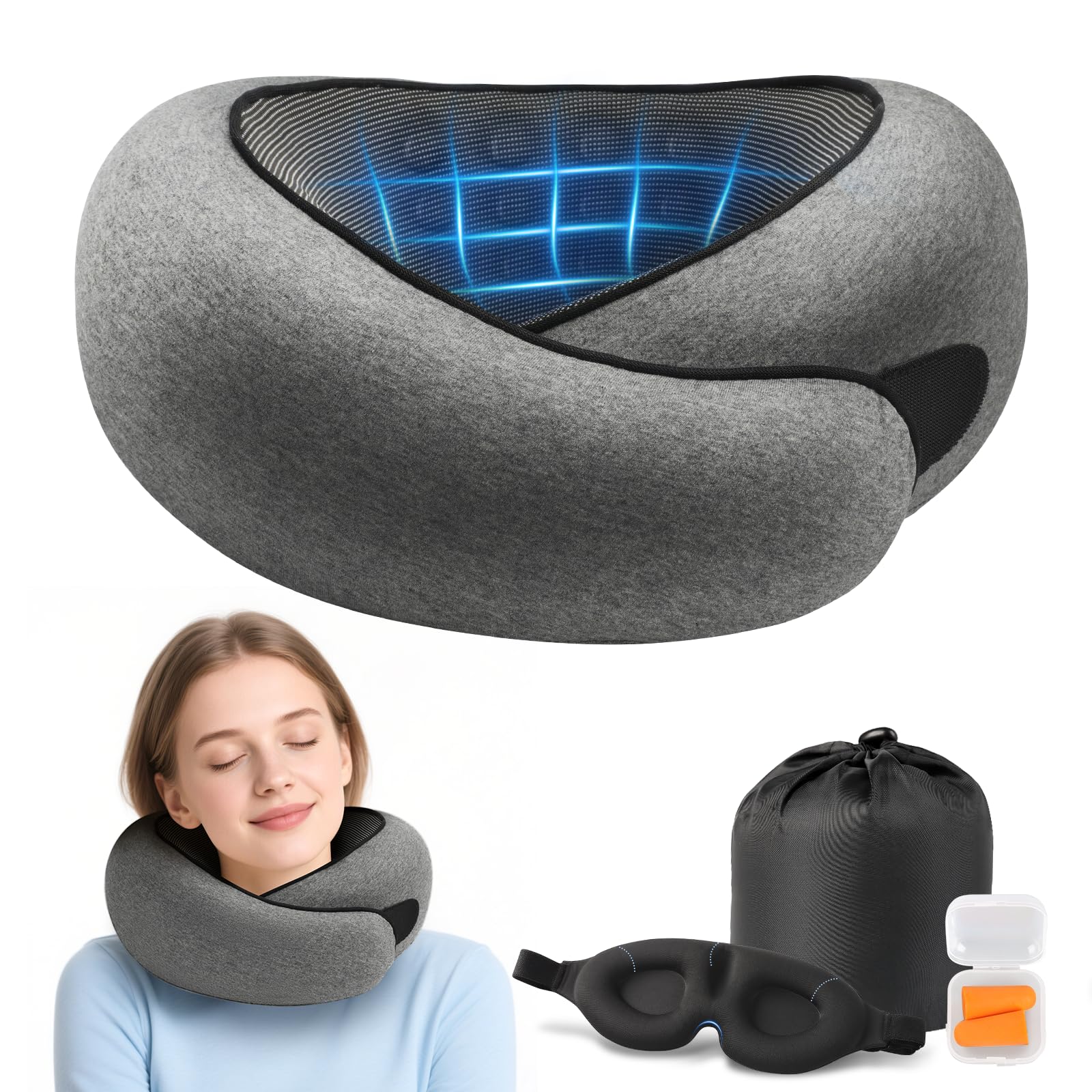 Advanced Memory Foam Neck Travel Pillow, Neck Pillow Airplane with Eye Mask