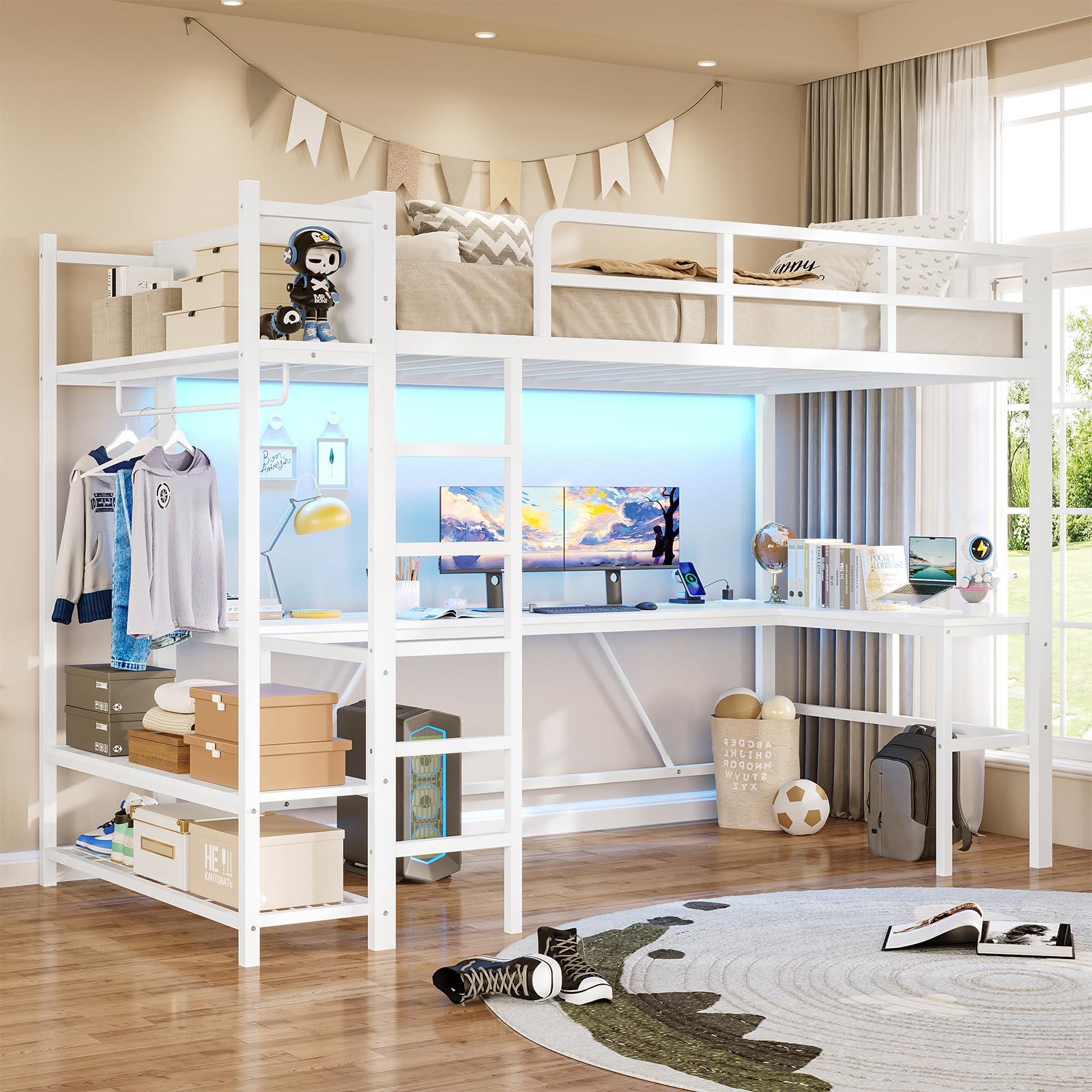 Loft Bed with L-Shaped Desk, LED Lights and Charging Sation