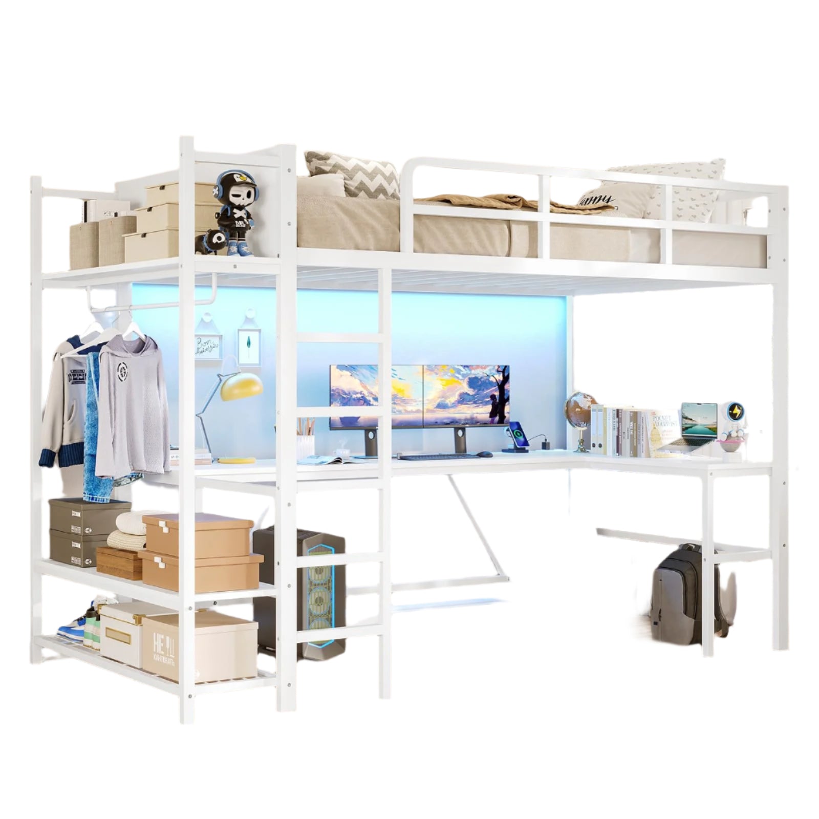 Twin Loft Bed with L-Shaped Desk, Storage Shelves and Charging Station
