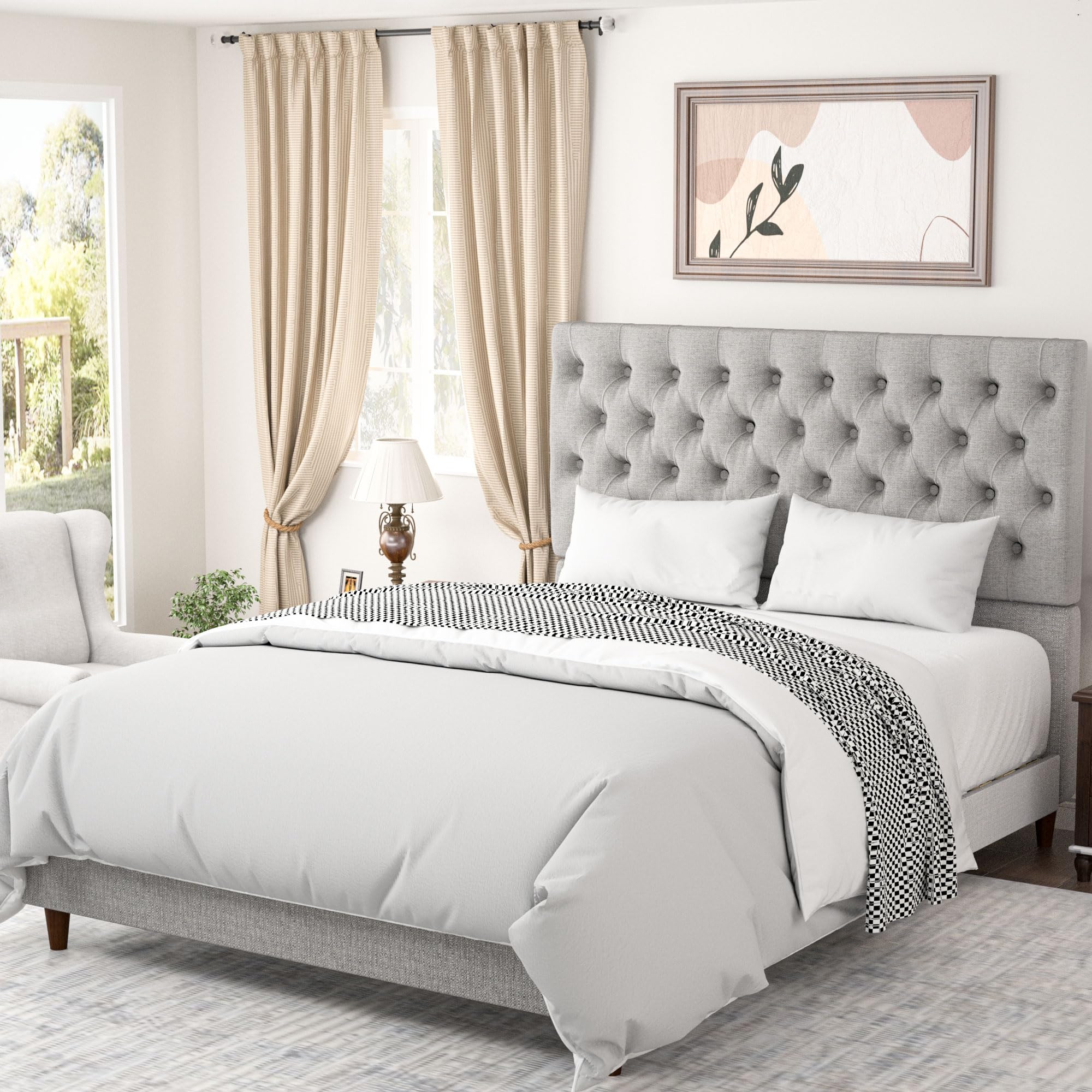 Solid Wood King Size Bed Frame with High-Back Tufted Upholstered Headboard