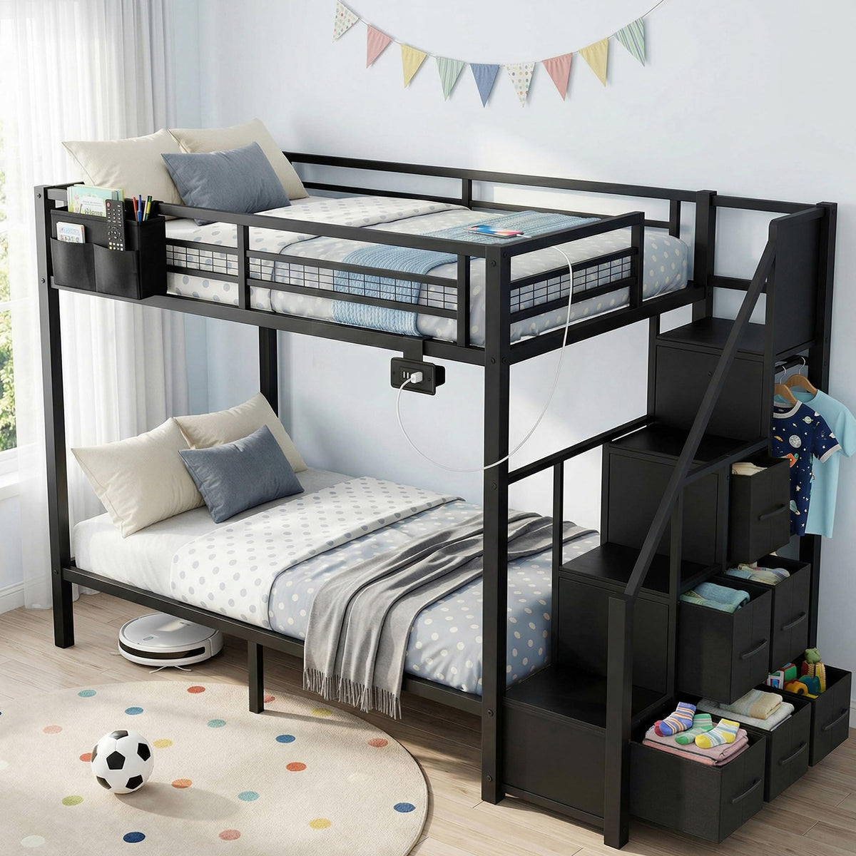 Metal Bunk Bed with Storage Stairs, Drawers & USB Charging Station