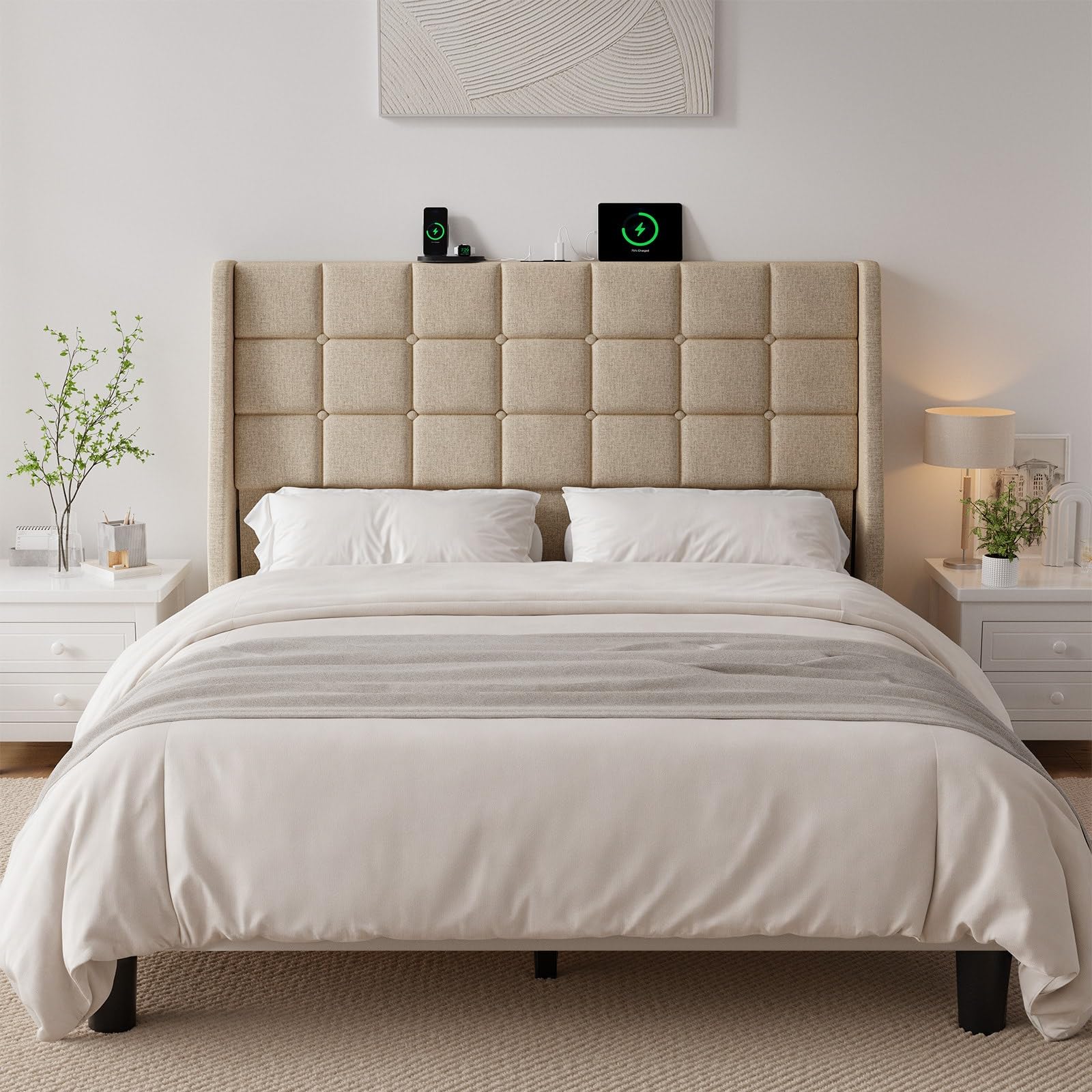 Ergonomic Upholstered Headboard Queen Size w/Charging Station