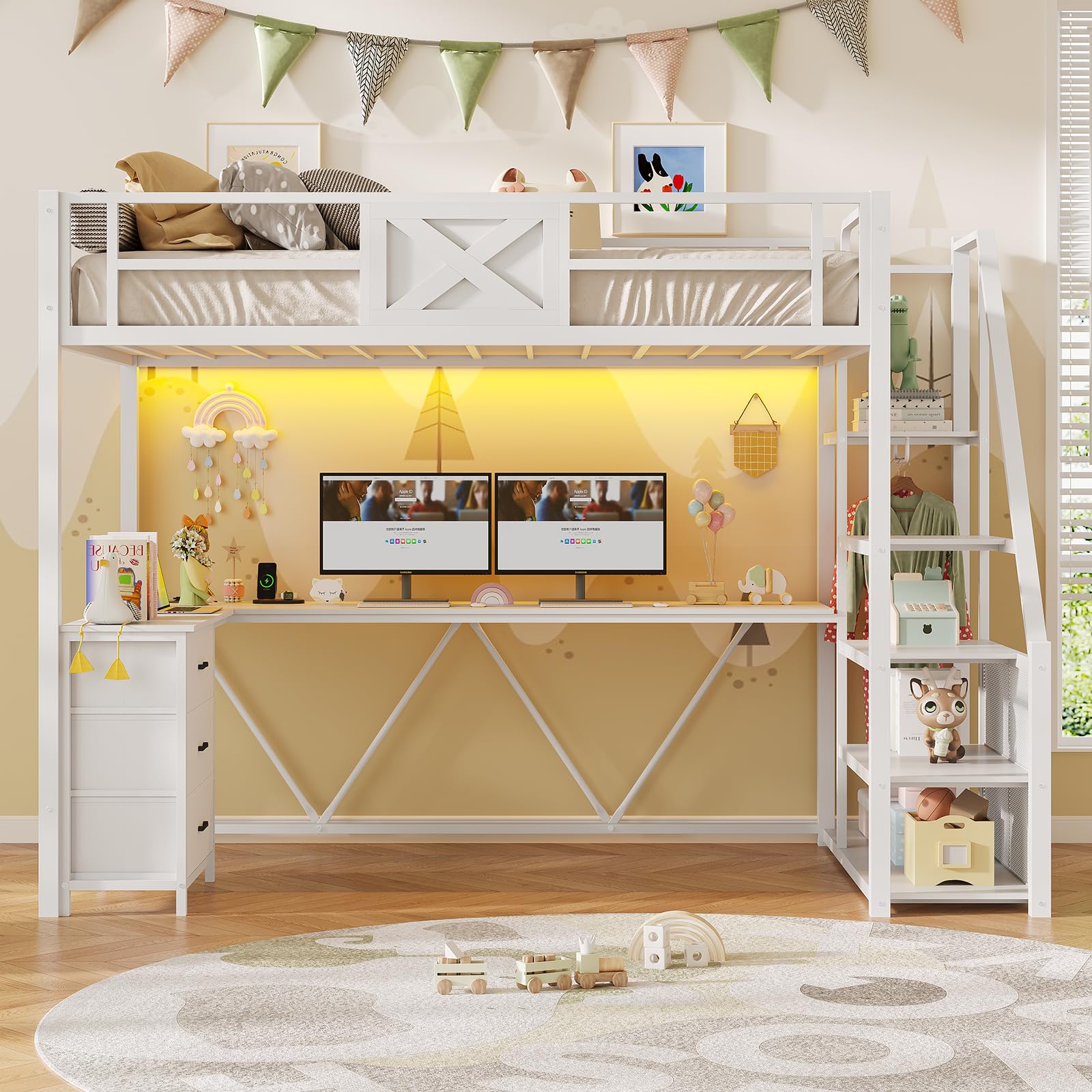 Twin Size Loft Bed with L Shaped Desk and Wardrobe, Metal Loft Bed Frame