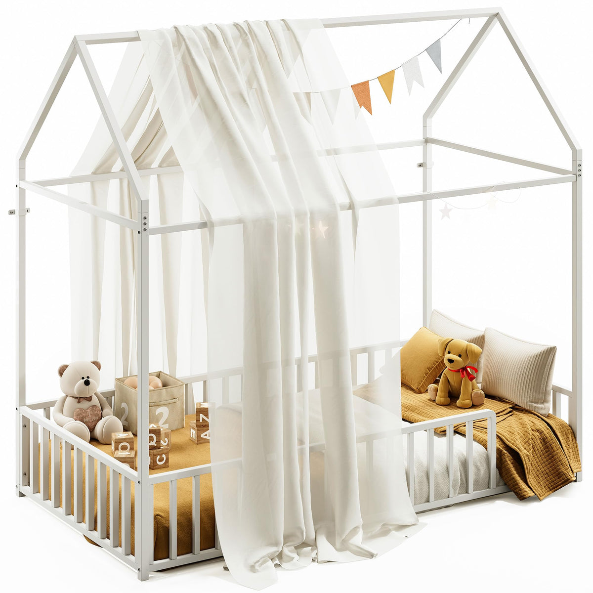 Twin Floor Bed with House Frame, Fence Guardrails & Anti-Tip Device