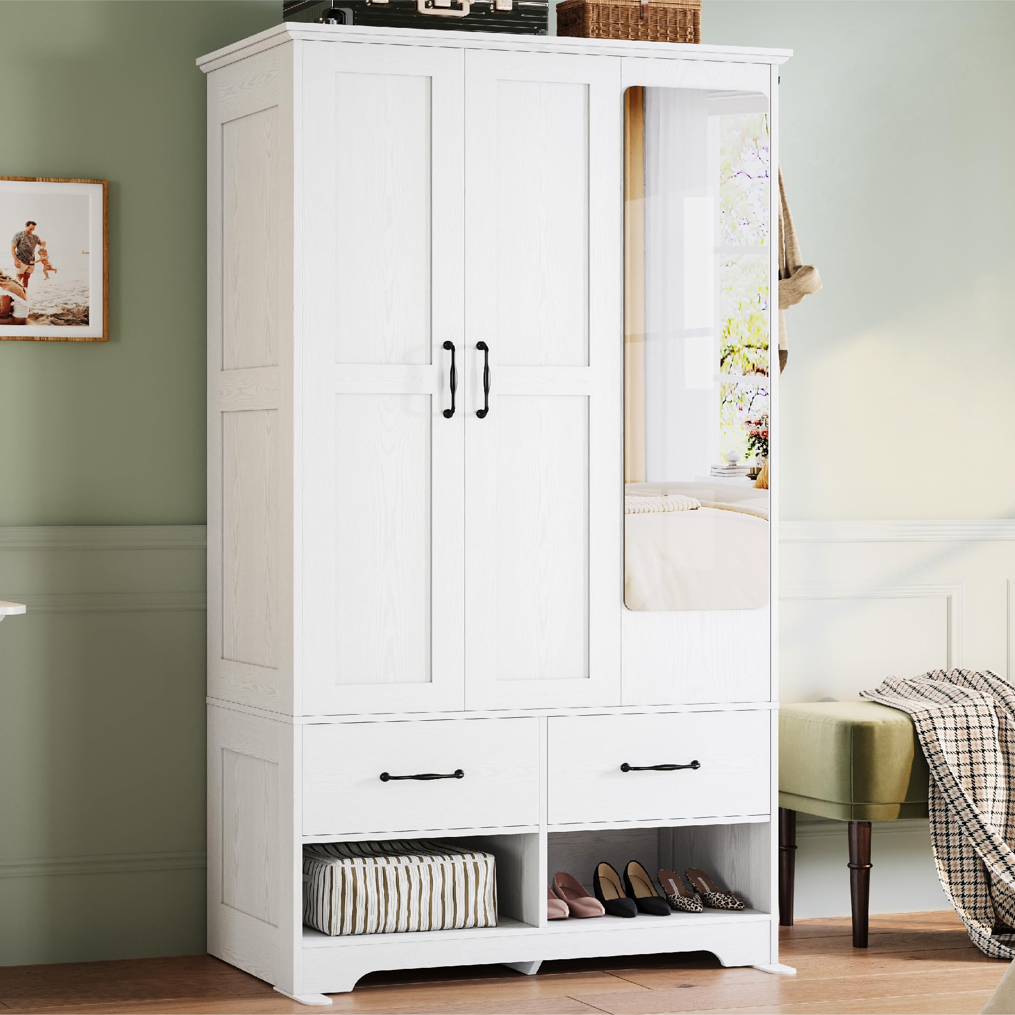 3 Doors Armoire Wardrobe Closet with Mirror, 2 Shoe Racks, 70" H Wooden