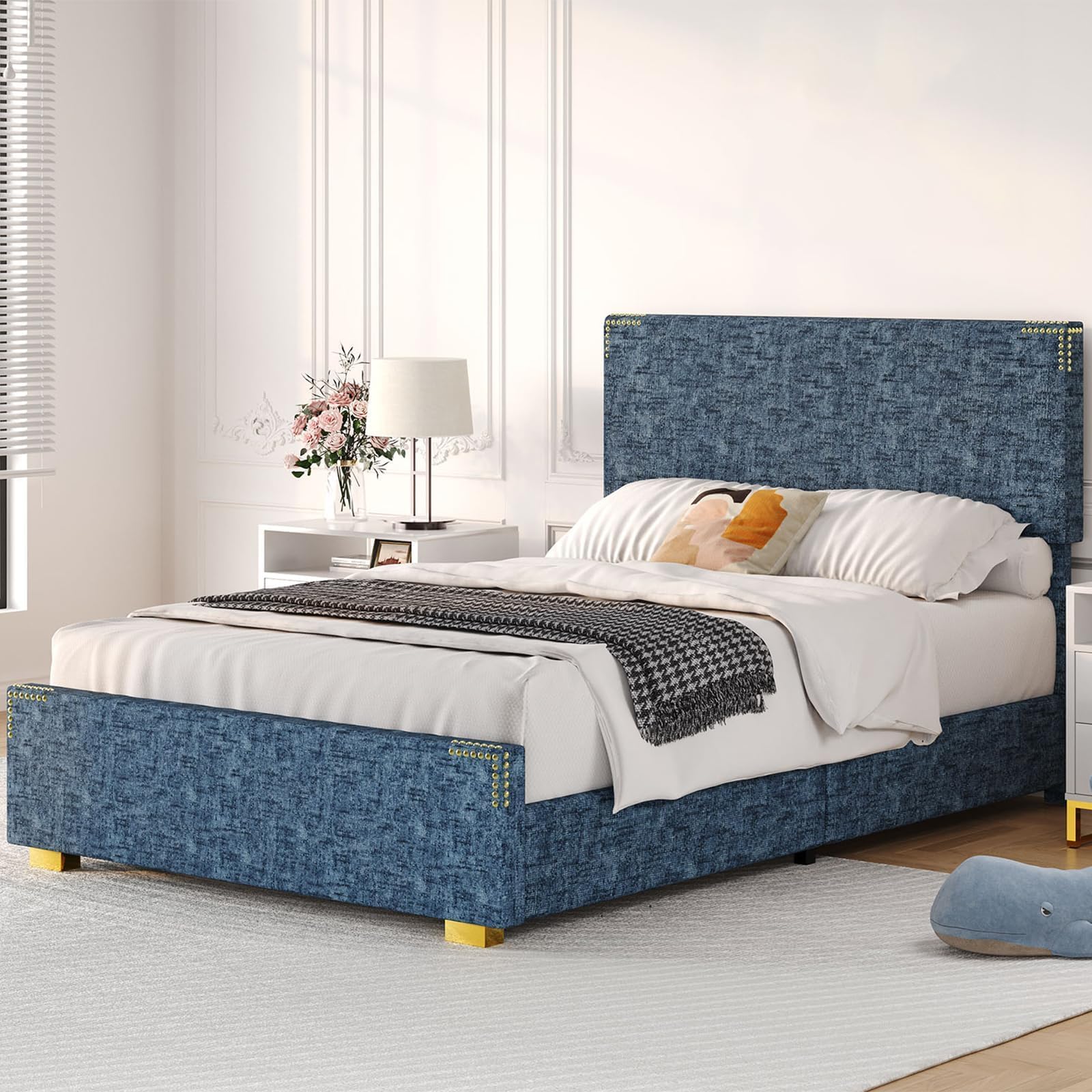 Twin Bed Frame with Headboard, Chenille Fabric Upholstered
