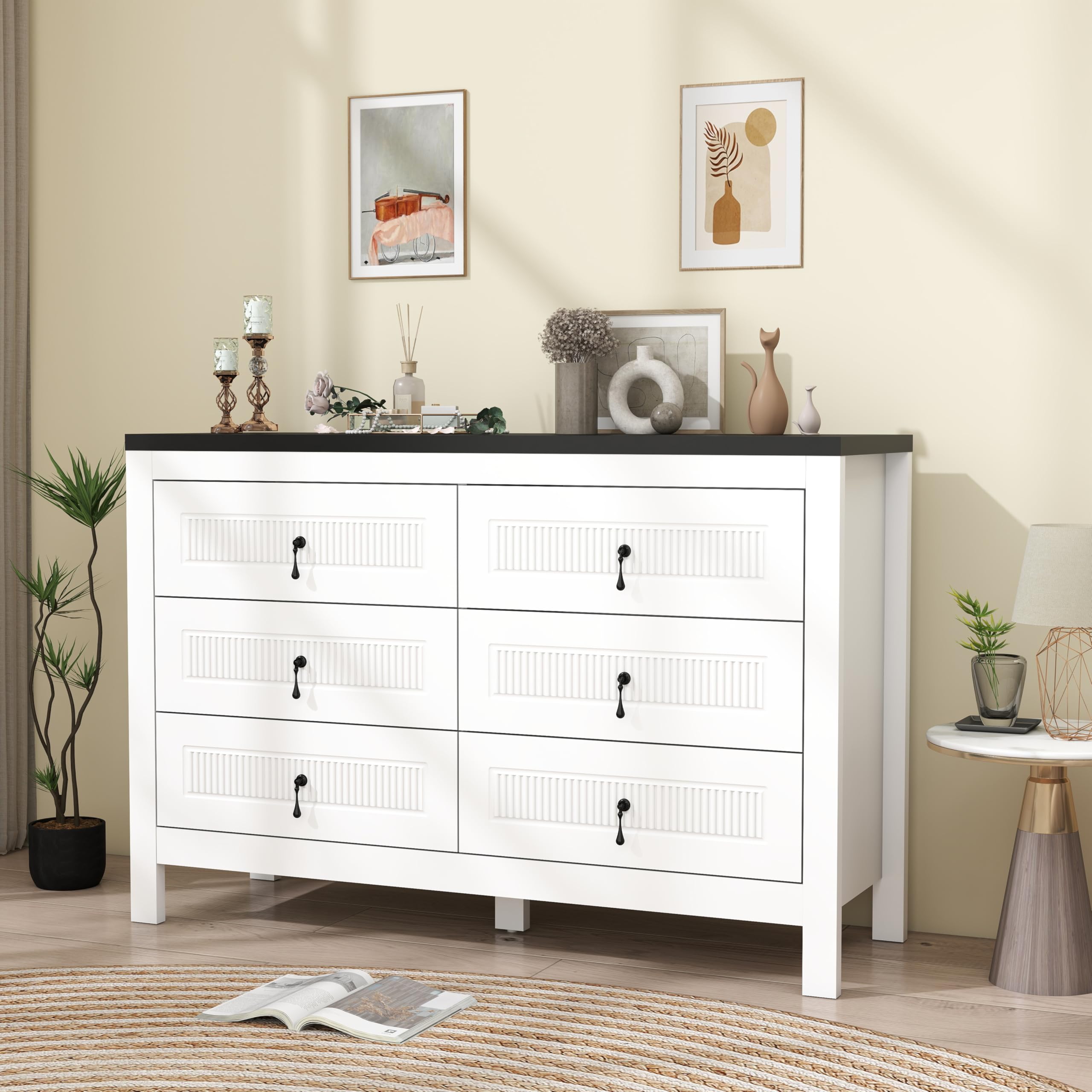 White Dresser for Bedroom Deep Drawers: 47" Wood Bedroom Dressers with 6 Drawers