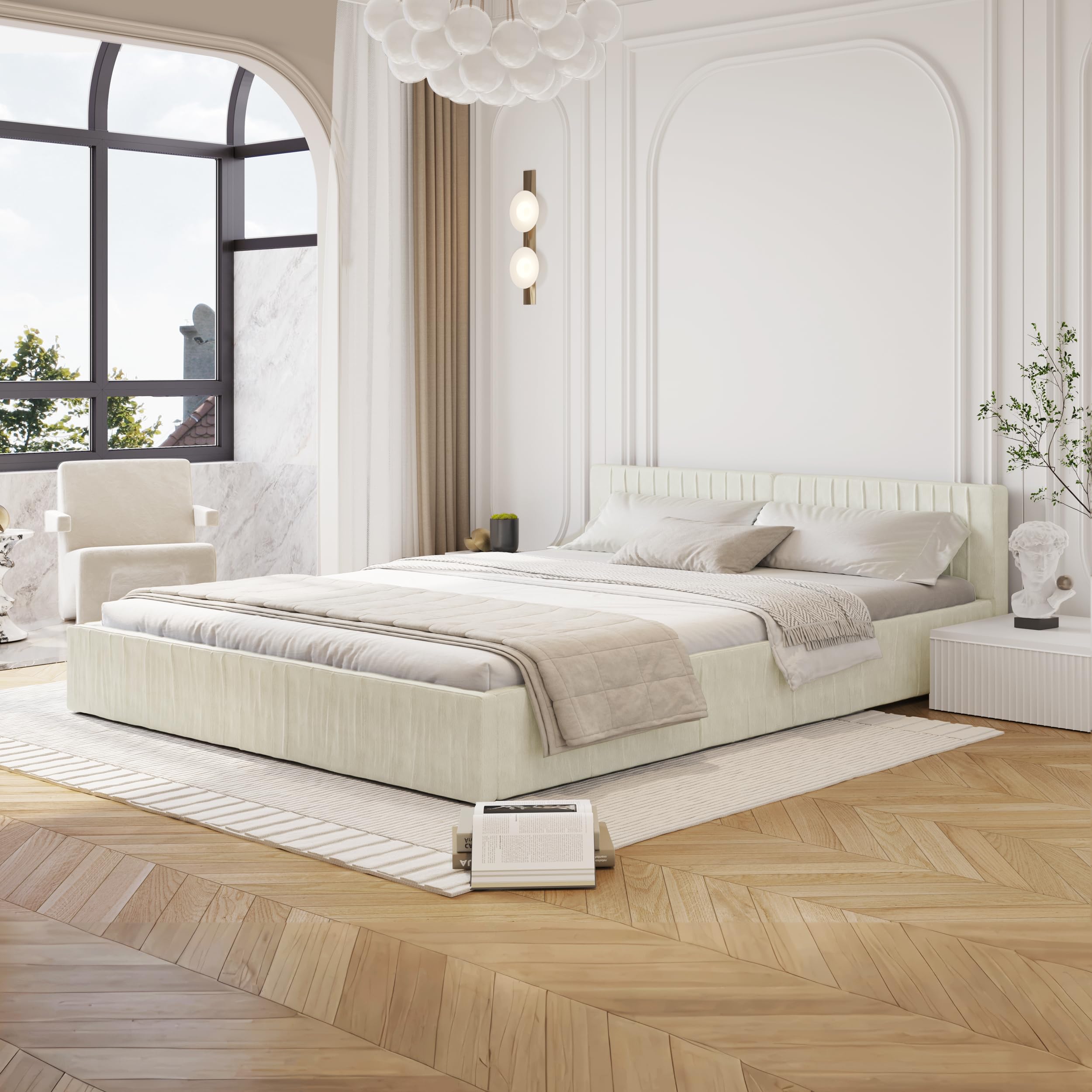 Queen Size Bed Frame with Pleated Headboard, Chenille Upholstered