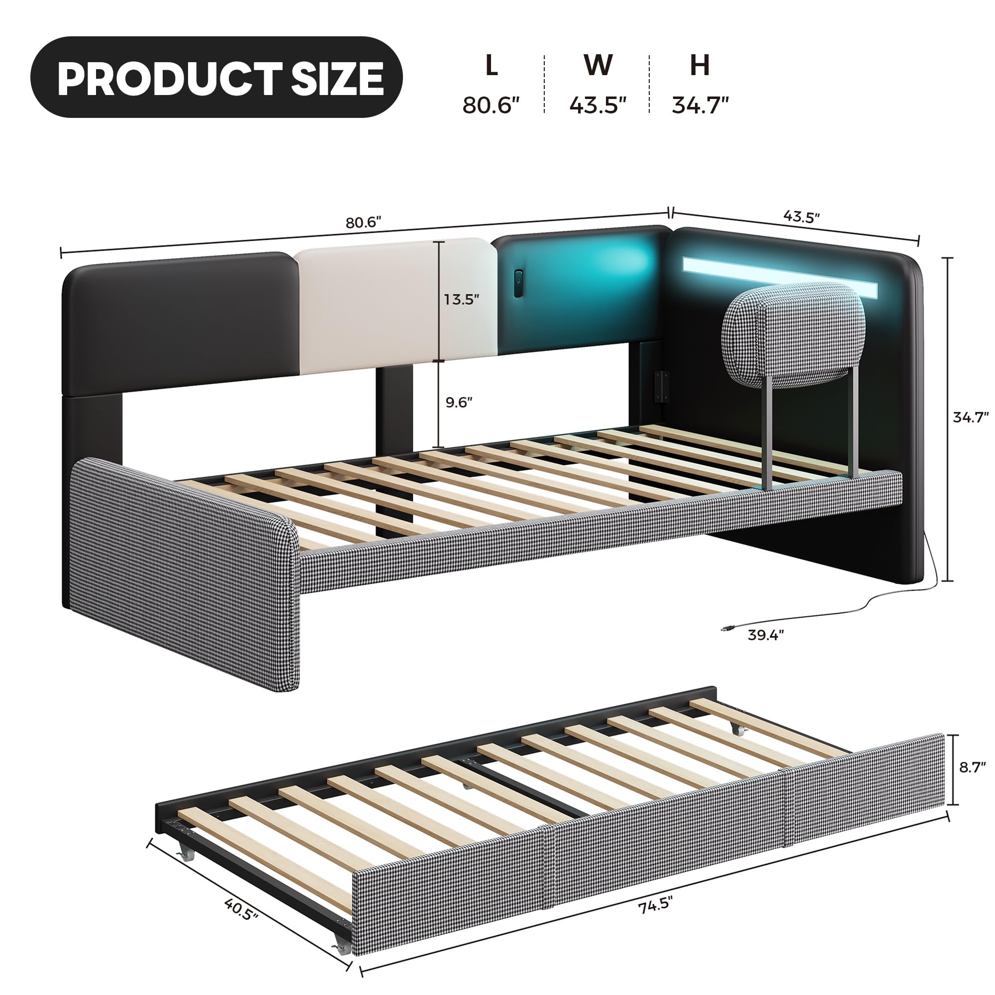 Daybed with Trundle, Twin Day Bed Frame with Upholstered Guardrail