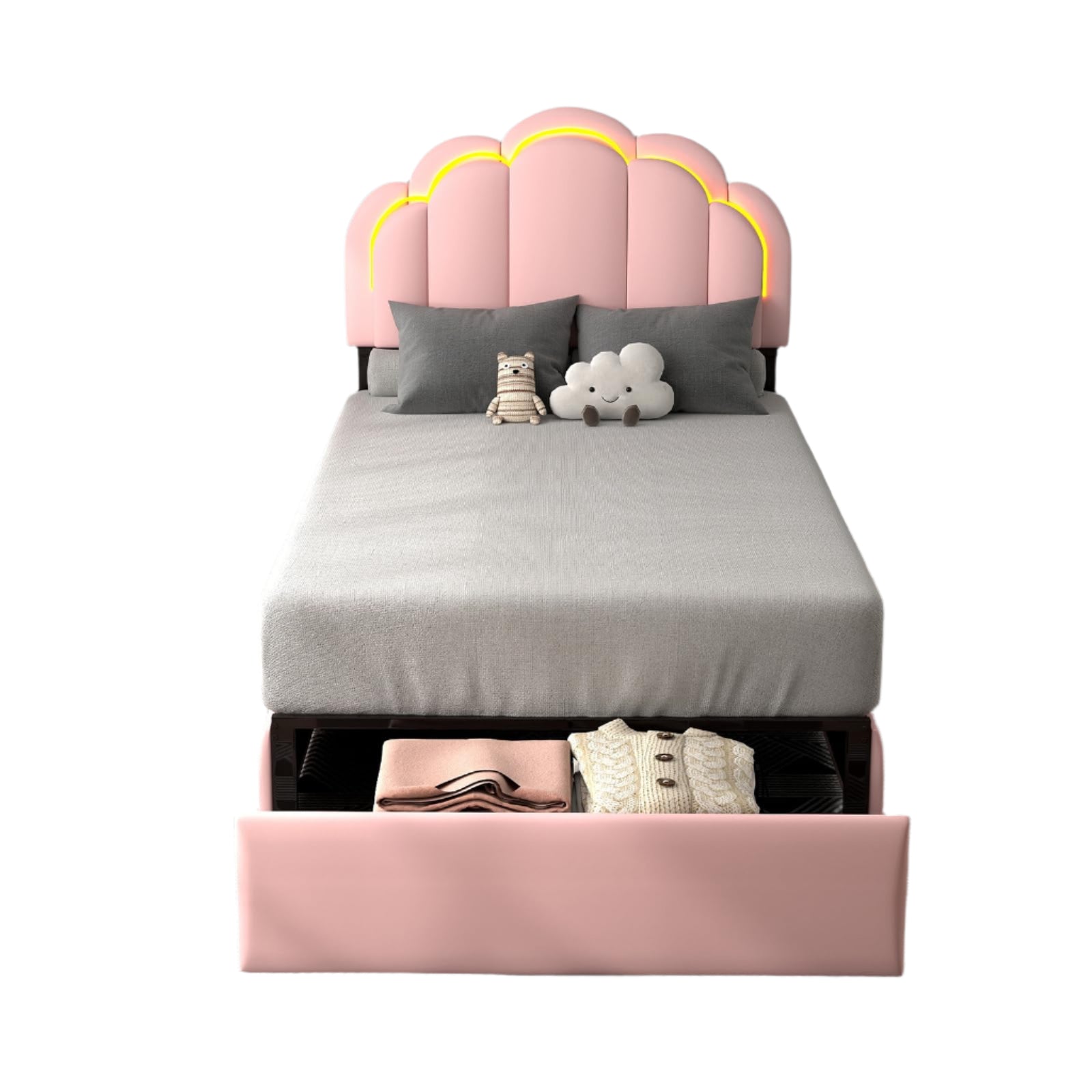 Twin Upholstered LED Bed Frame with Storage Drawer, Cute Girls Bed with Petal-Shaped