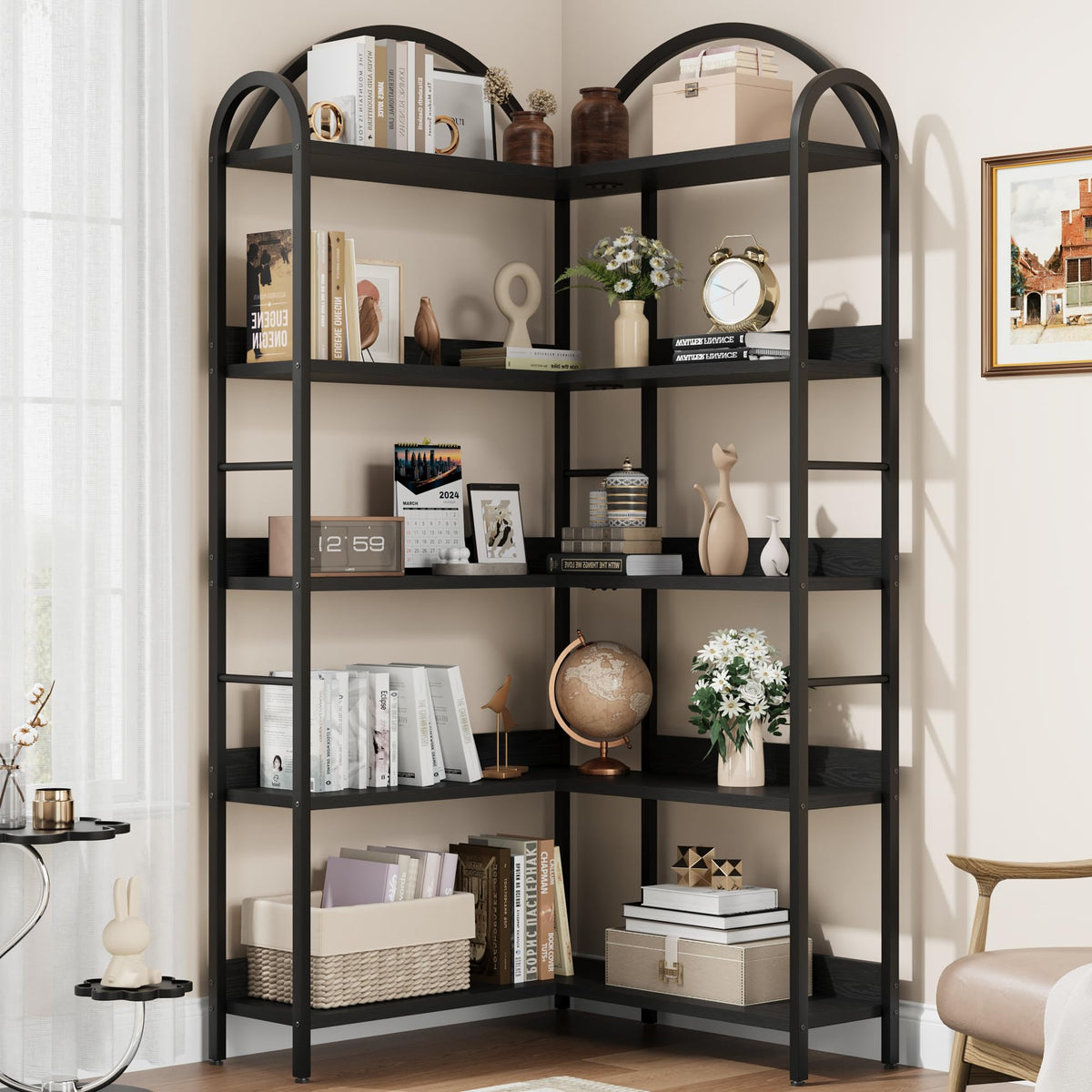 68.5" 5-Tier L-Shaped Corner Bookshelf with Metal Frame